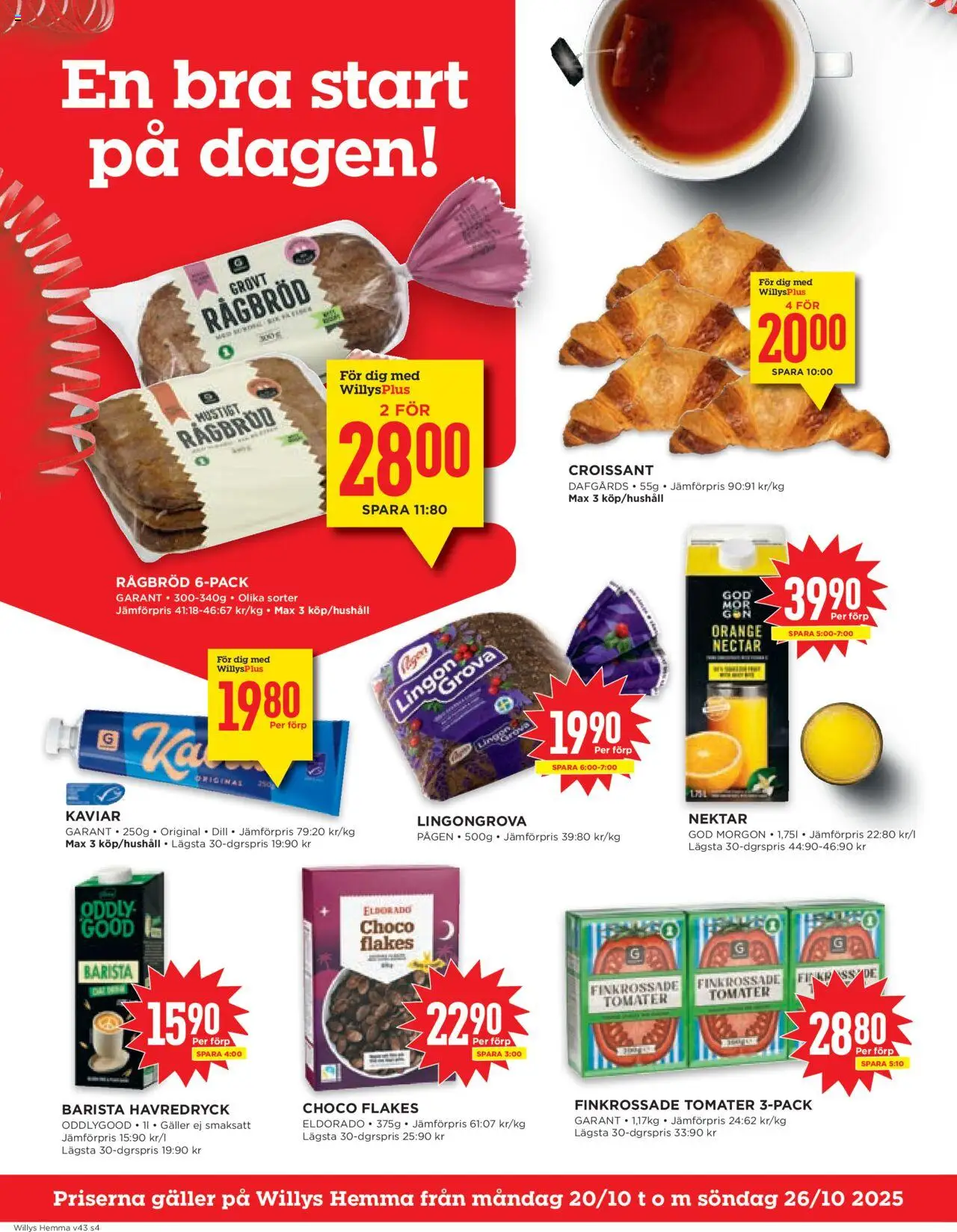 Willys reklamblad aktuell från 20.10.2025 | Sida: 4 | Produkter: Lingongrova, Galler, Havredryck, Tomater