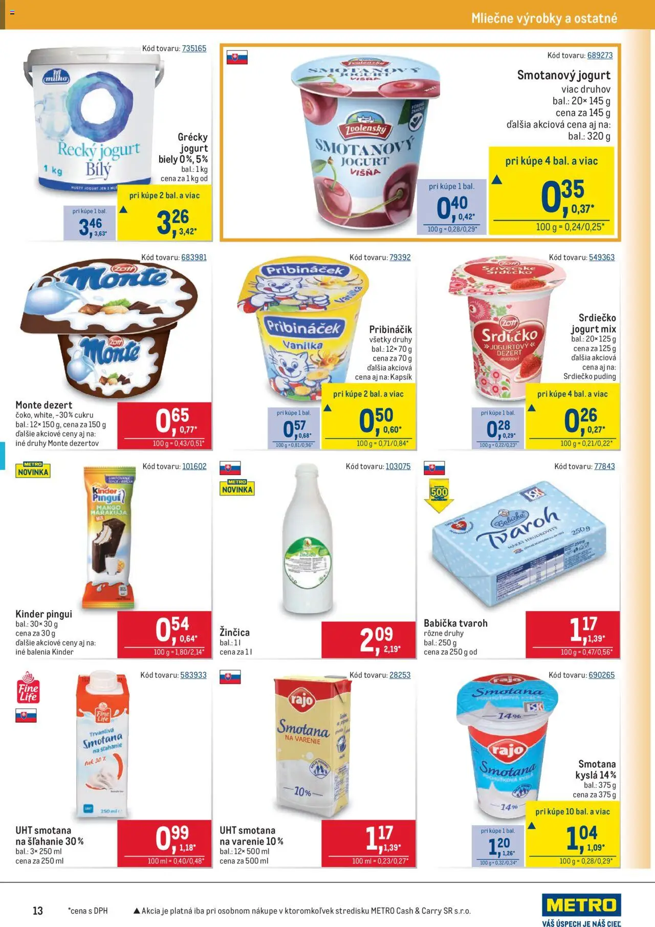 Metro Maloobchod │ platný od 13.08.2025 | Strana: 13 | Produkty: Pribináčik, Smotana, Kinder, Tvaroh