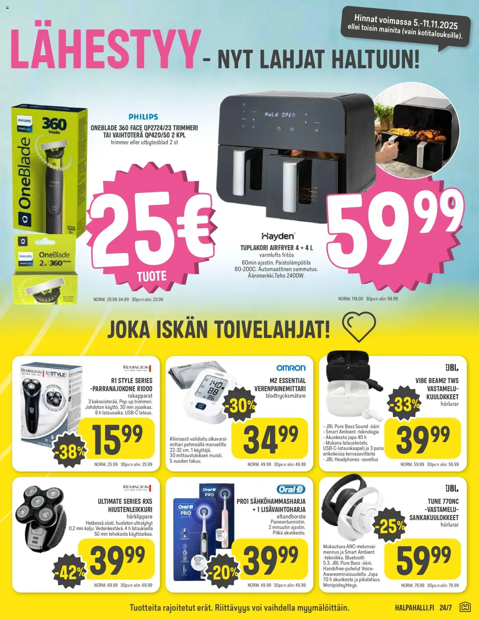 Halpa Halli tarjoukset – voimassa 05.11.2025 alkaen | Sivu: 9 | Tuotteet: Parranajokone, Voi, Trimmeri, Kuulokkeet