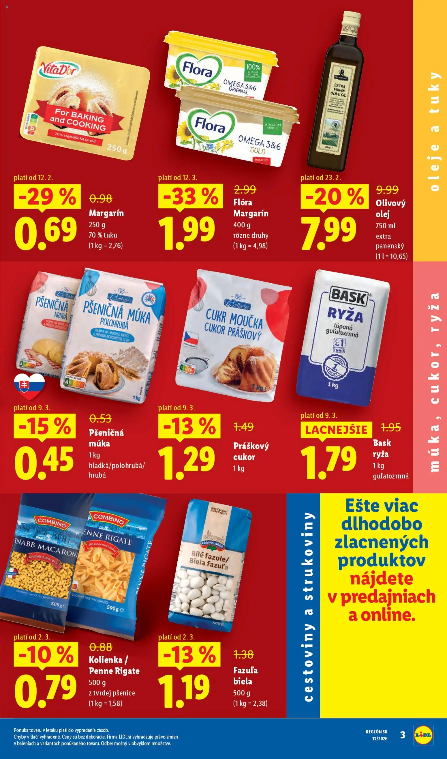 Nové Lidl akcie – leták je platný od 23.03.2026 | Strana: 3 | Produkty: Penne, Ryža, Olivový olej, Fazuľa