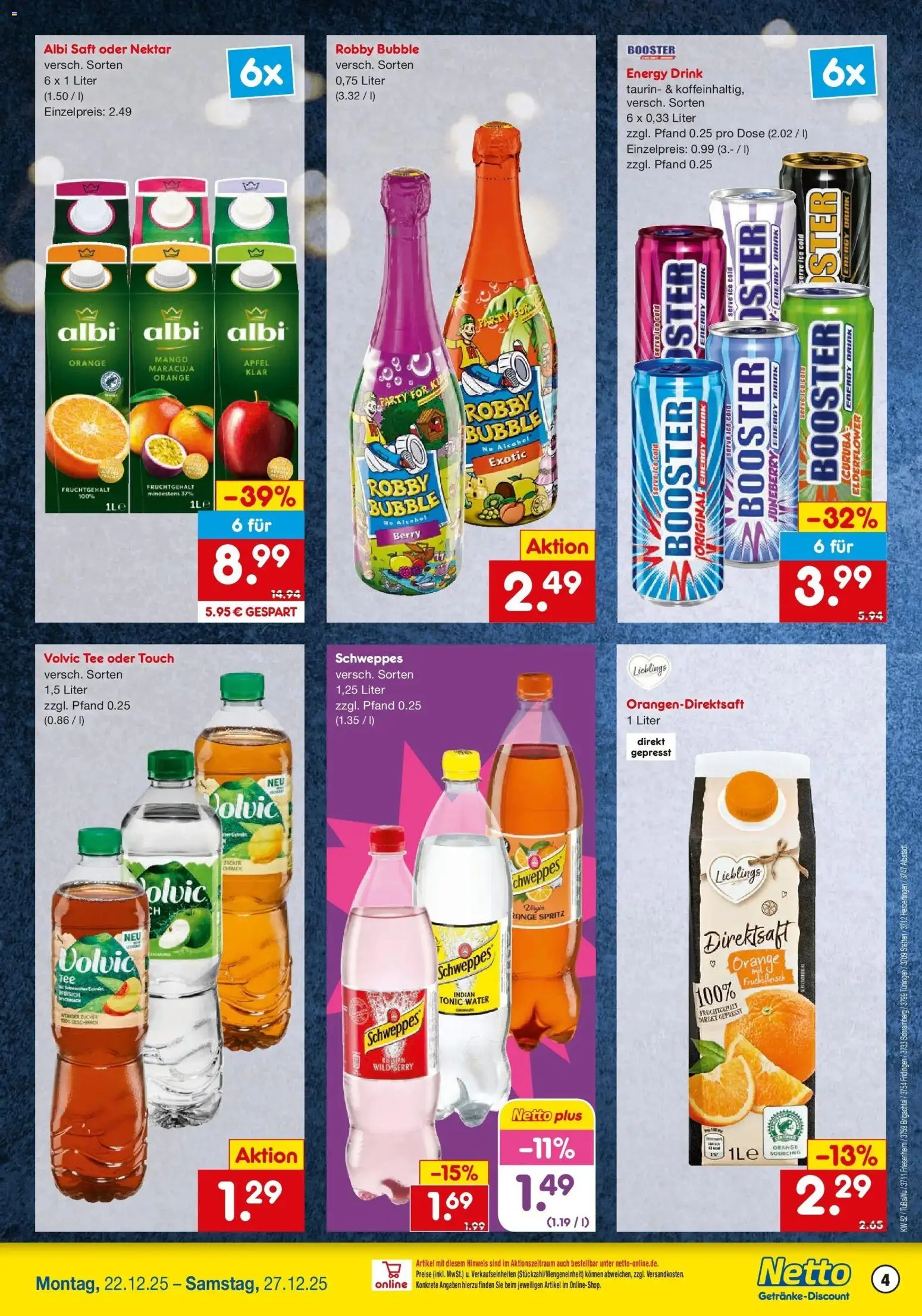 Netto Marken-Discount prospekt Stetten Am Kalten Markt	 – gültig ab 22.12.2025 | Seite: 4 | Produkte: Cola, Energy, Pfirsich, Saft
