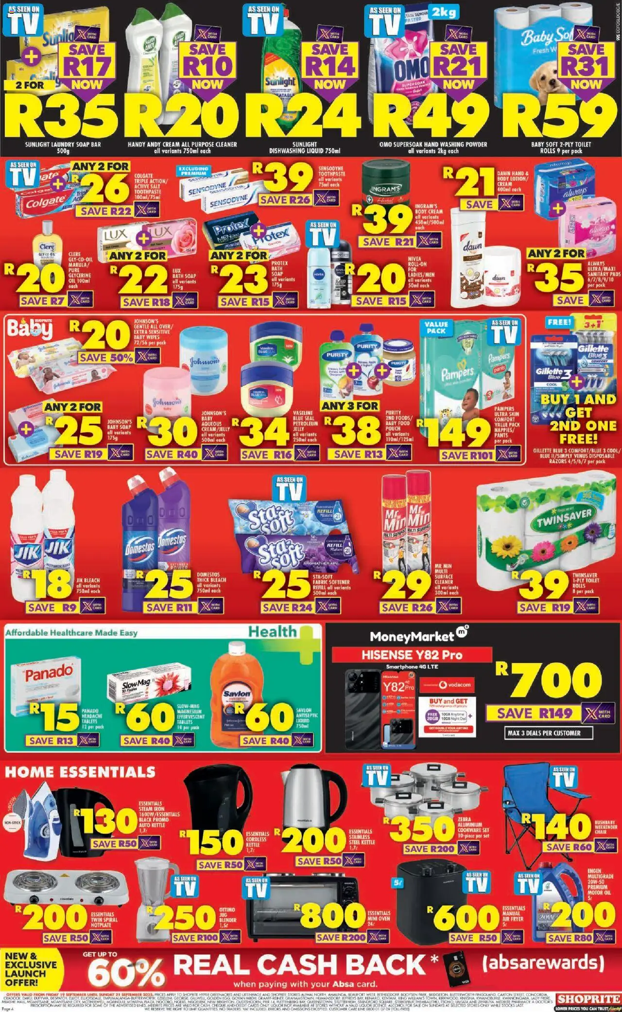New Shoprite catalogue – valid from 19.09.2025 | Page: 4 | Products: Iron, Chair, Toothpaste, Washing powder