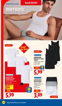 LIDL - Prévisualisation de ESMARA MEN Boxers homme, Du M au XL selon modèle. Ex. 95% coton et 5% élasthanne (LYCRA®). Le lot au choix. valide à partir de 09.04.2026 | Page: 40 | Produits: Coton