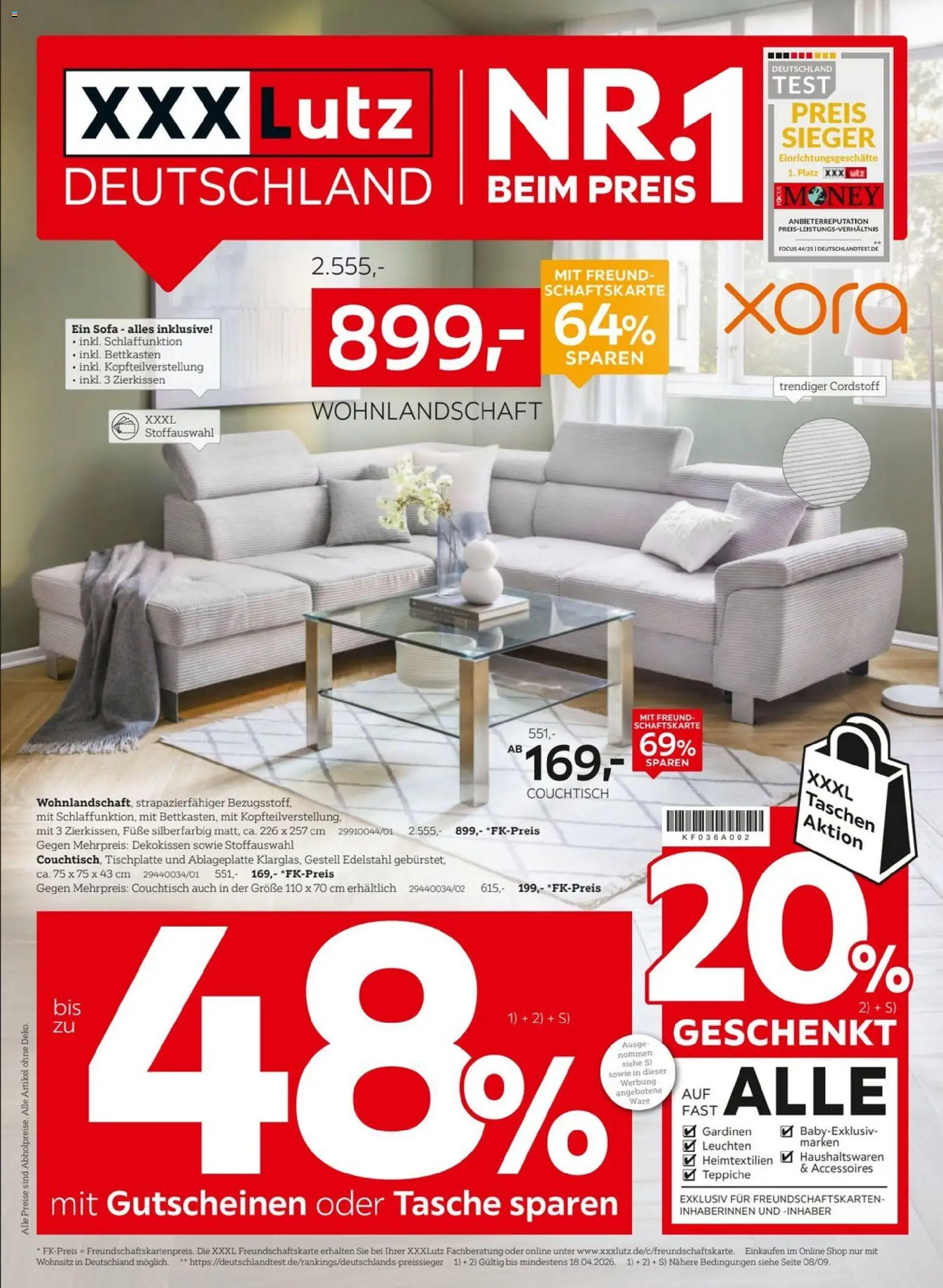 XXXLutz Nr. 1 beim Preis – gültig ab 04.04.2026 | Seite: 1 | Produkte: Tasche, Wohnlandschaft, Sofa, Couchtisch