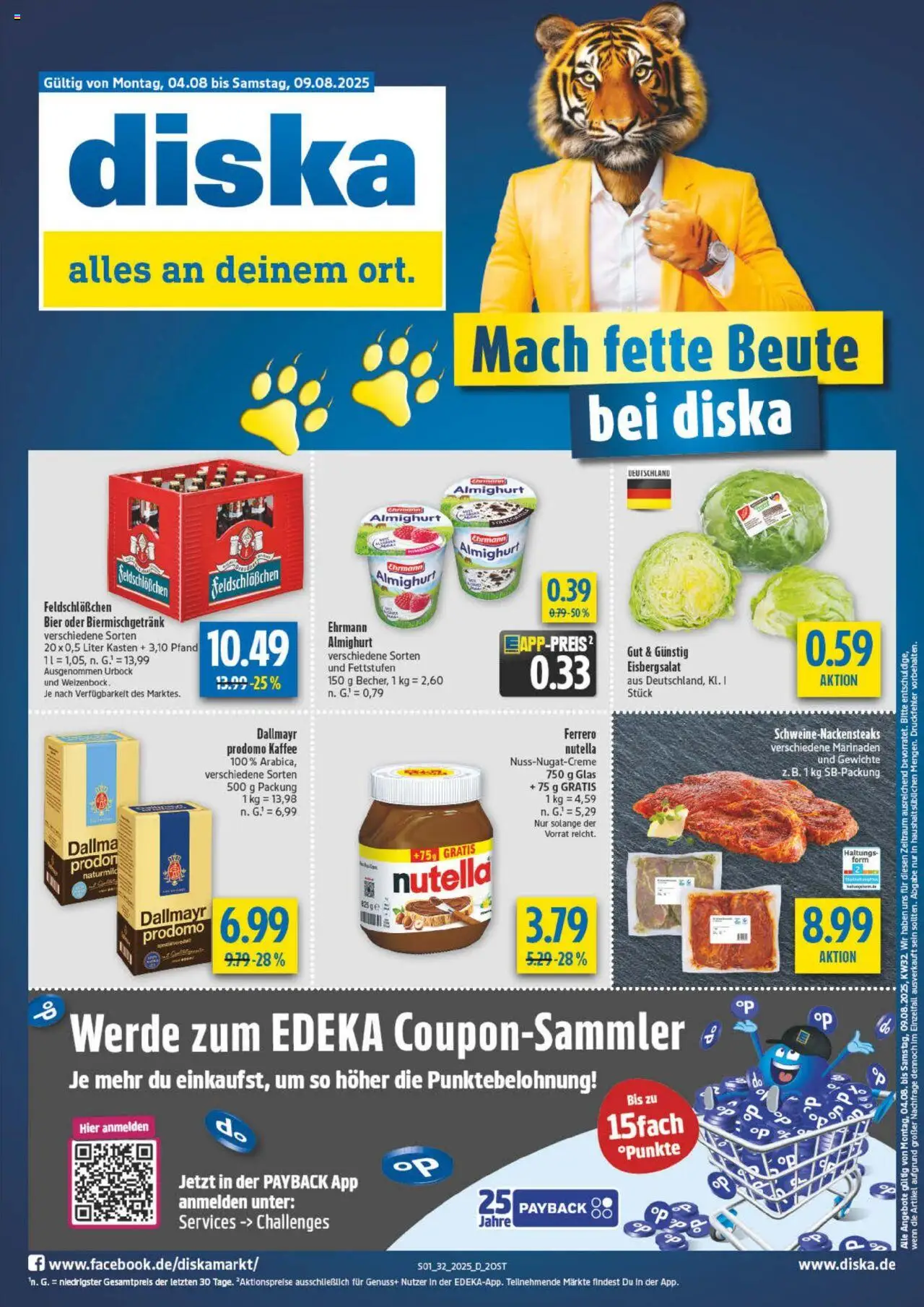 Diska - diska Angebote Sachsen-Thüringen KW32 - gültig ab dem 04.08.2025 | Seite: 1 | Produkte: Bier, Eisbergsalat, Nutella, Dallmayr