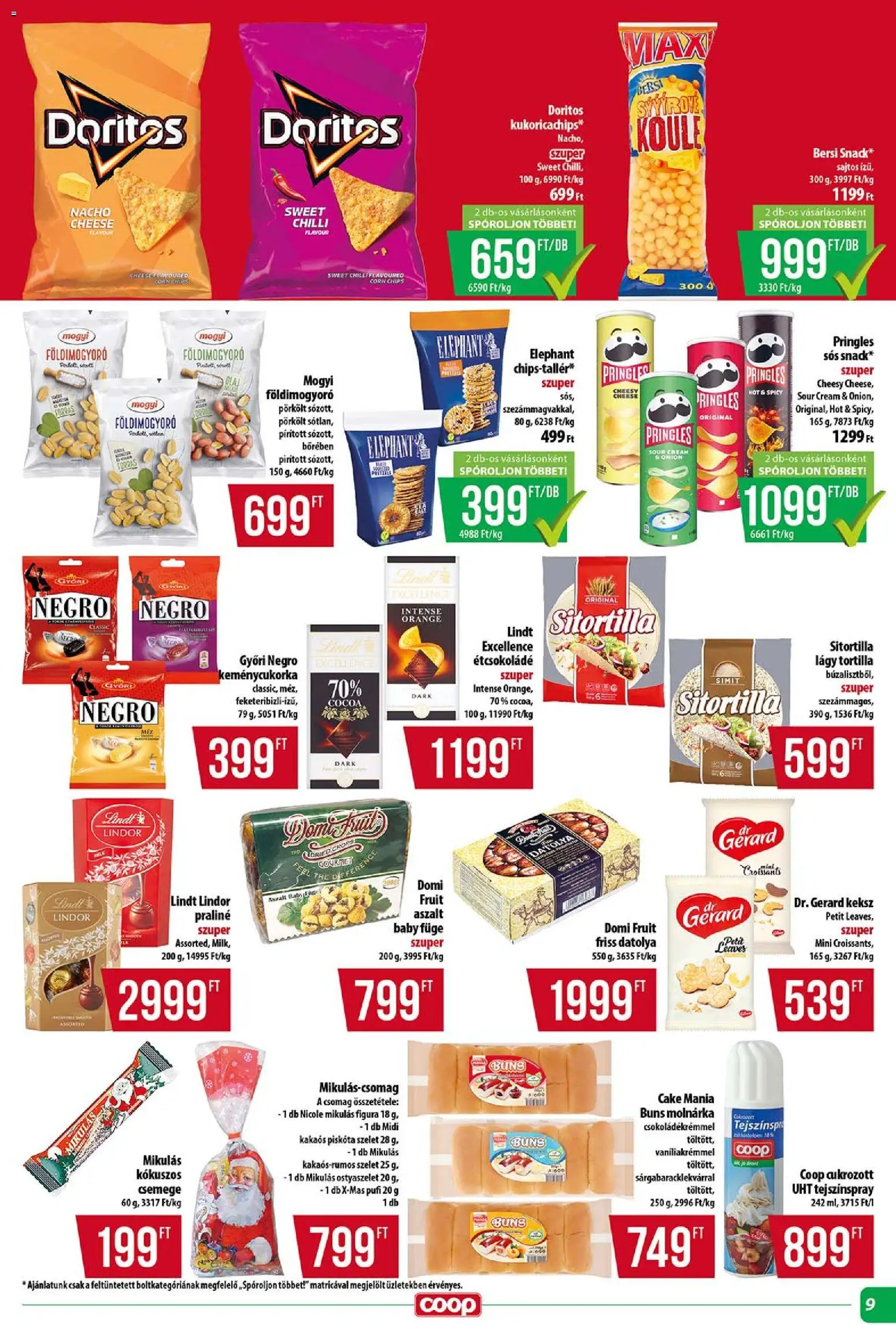 COOP akciós ujság - amely érvényes a következő dátumtól: 13.11.2025 | Oldal: 9 | Termékek: Datolya, Piskóta, Ostyaszelet, Praliné