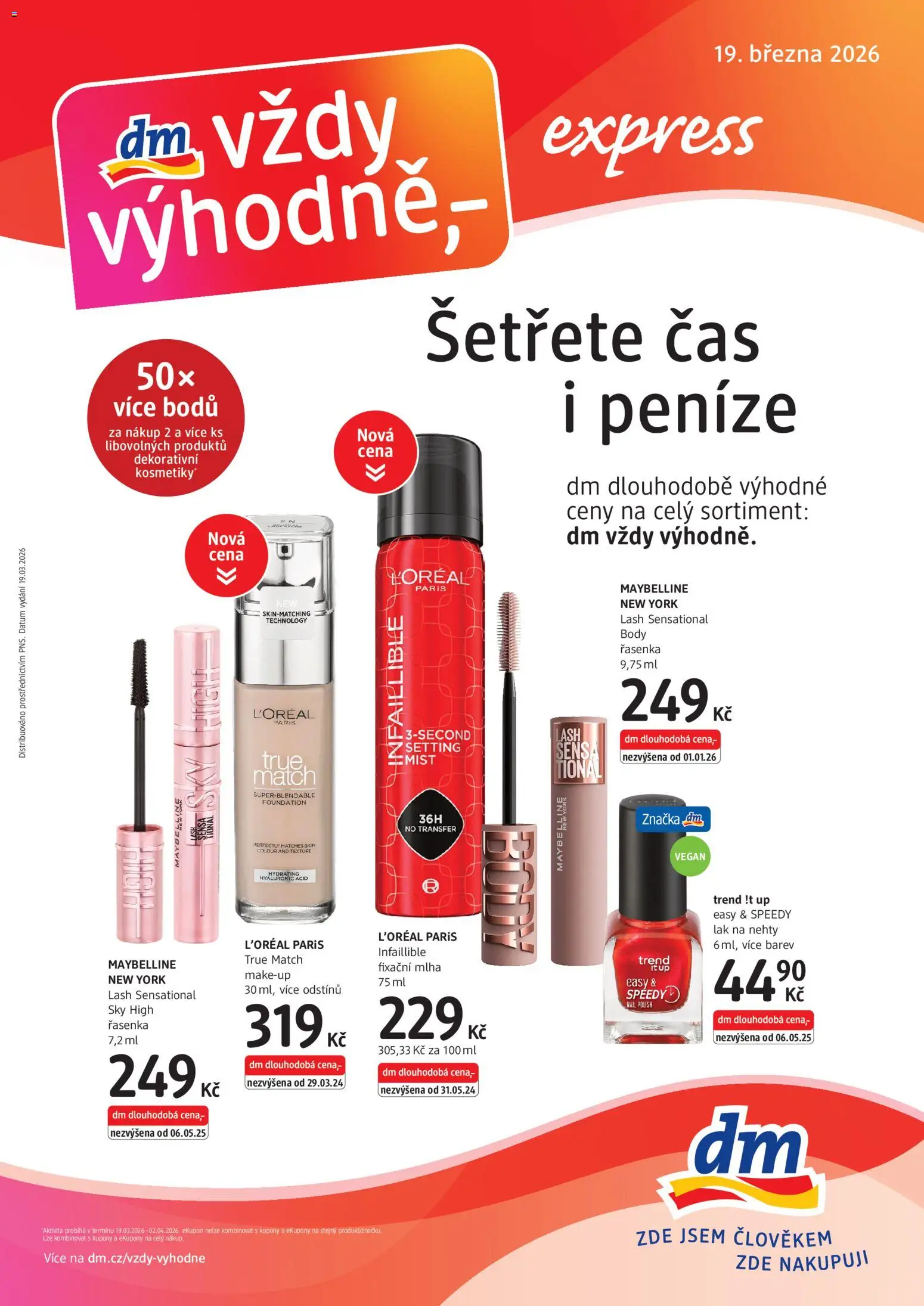 dm drogerie leták - Express od 19.03.2026 | Strana: 1 | Produkty: Makeup, Maybelline, Řasenka, Lak na nehty