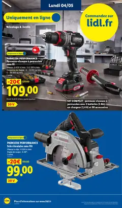 LIDL - Prévisualisation de PARKSIDE PERFORMANCE Perceuse-visseuse à percussion sans fil, Vitesse: 0-630 tr/min / 0-2 100 tr/min. Fréquence de frappe: 0-10 810 cp/min 0-36 000 cp/min. SET COMPLET: perceuse-visseuse à percussion avec 2 batteries (2 Ah), un chargeur (2,4 A) et 98 accessoires valide à partir de 30.04.2026 | Page: 65 | Produits: Scie circulaire
