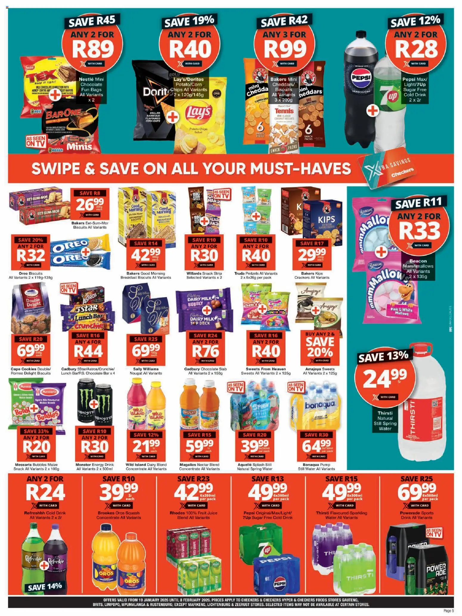 New Checkers catalogue – valid from 19.01.2026 | Page: 5 | Products: Corn, Chocolate, Cookies, Sugar