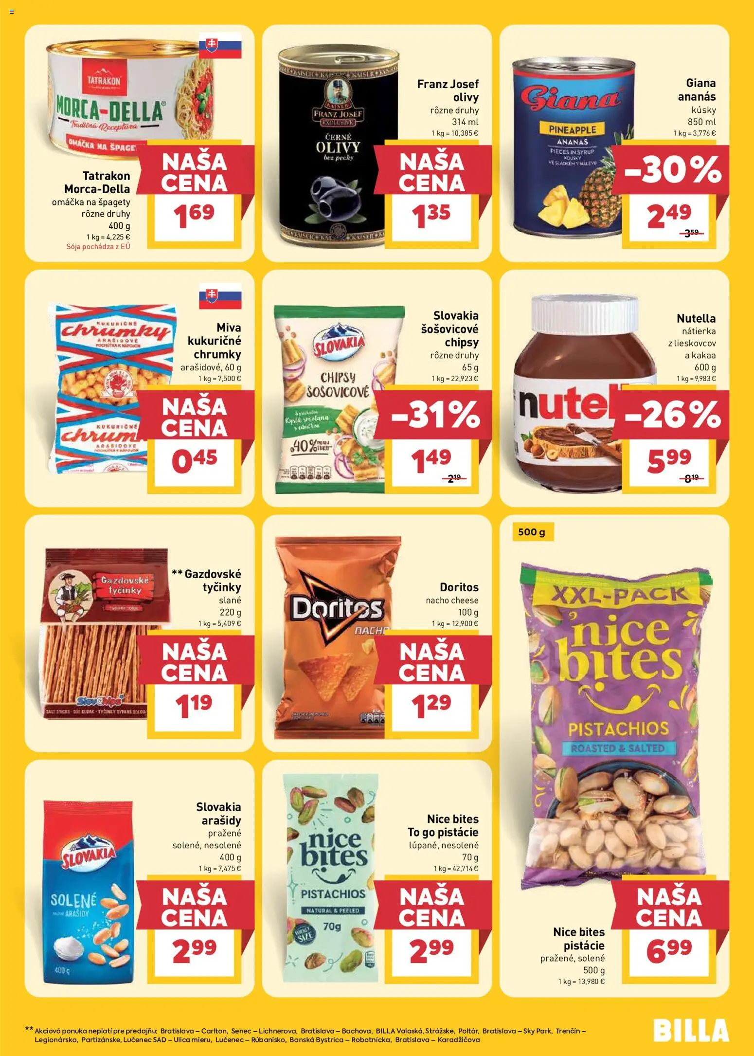 Nové Billa akcie – leták je platný od 22.04.2026 | Strana: 15 | Produkty: Ananás, Chipsy, Arašidy, Nutella