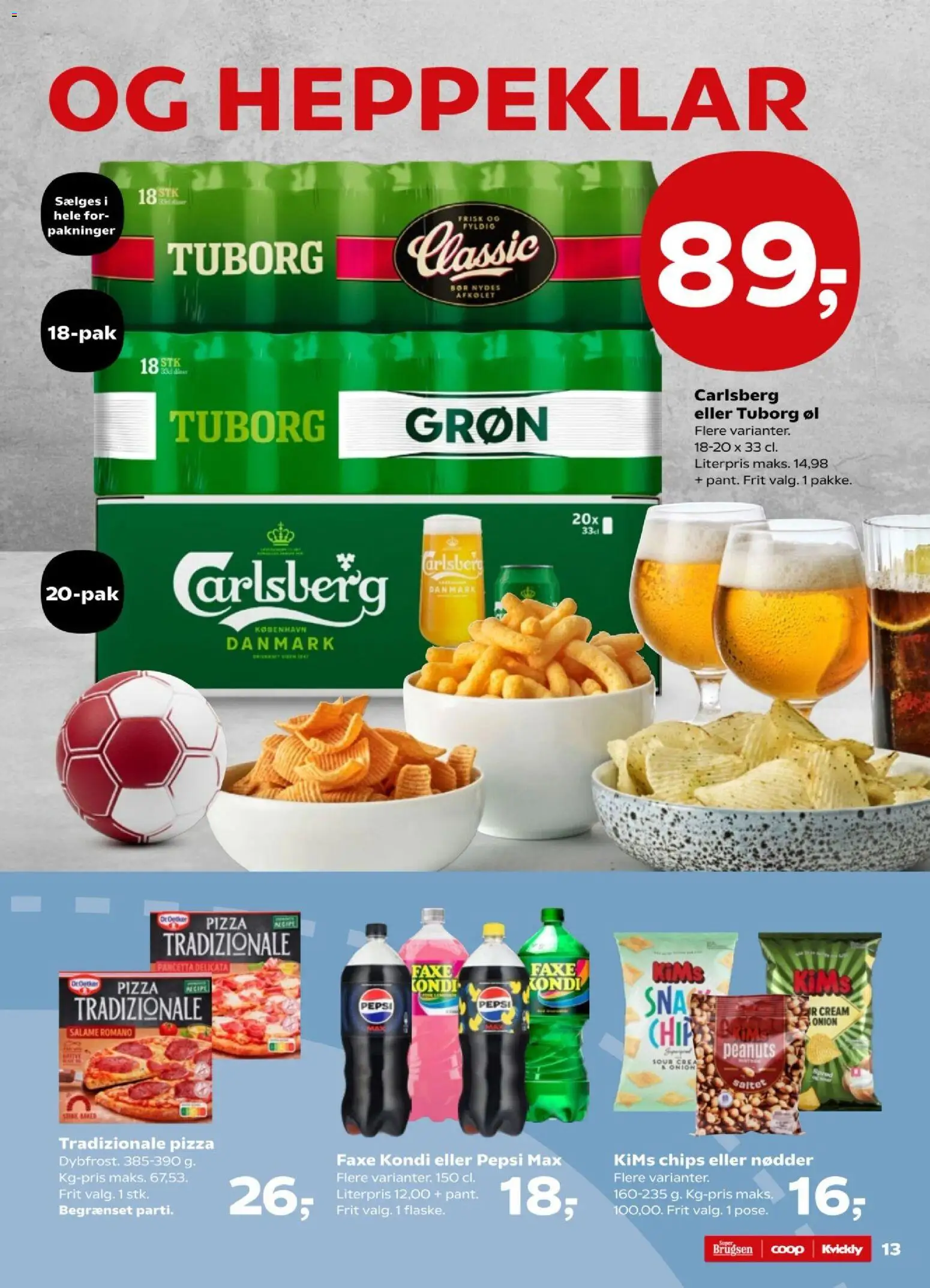 Super Brugsen tilbudsavis – gyldig fra 16.01.2026 | Side: 13 | Produkter: Pizza, Øl, Nødder, Faxe Kondi