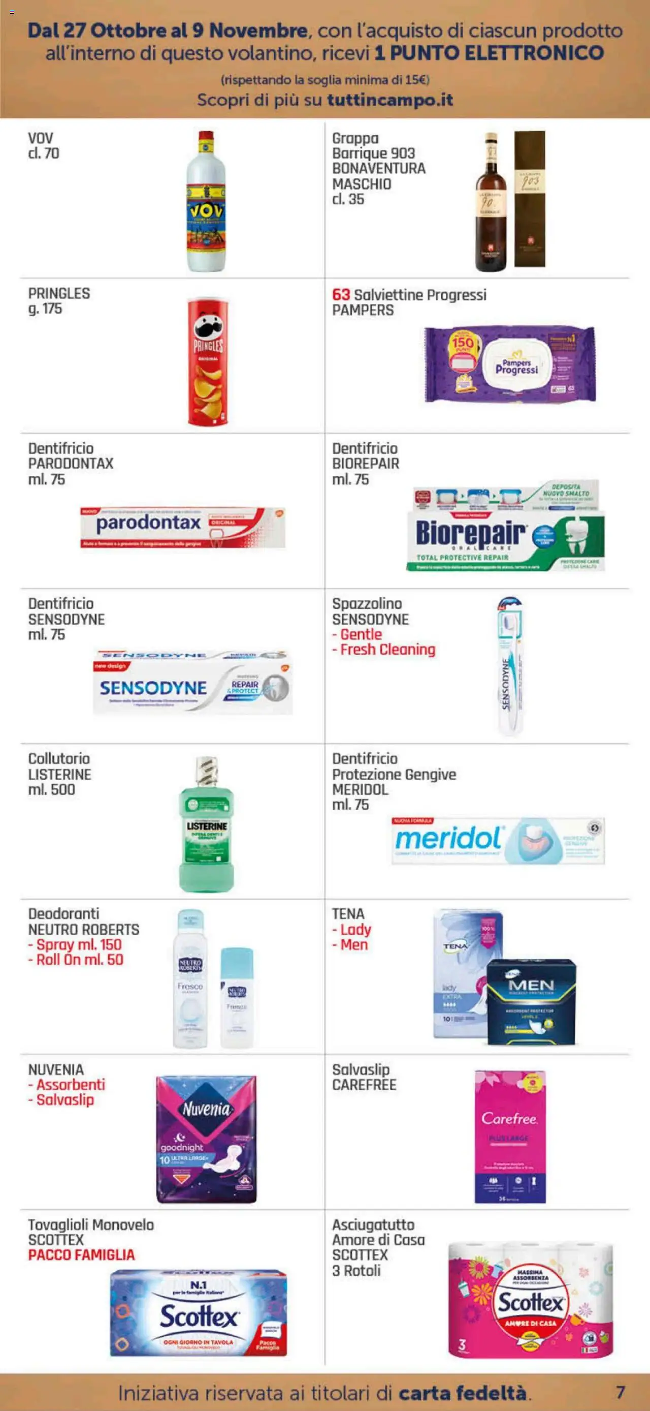 Volantino DOK del 27.10.2025 | Pagina: 7 | Prodotti: Dentifricio, Pampers, Asciugatutto, Grappa