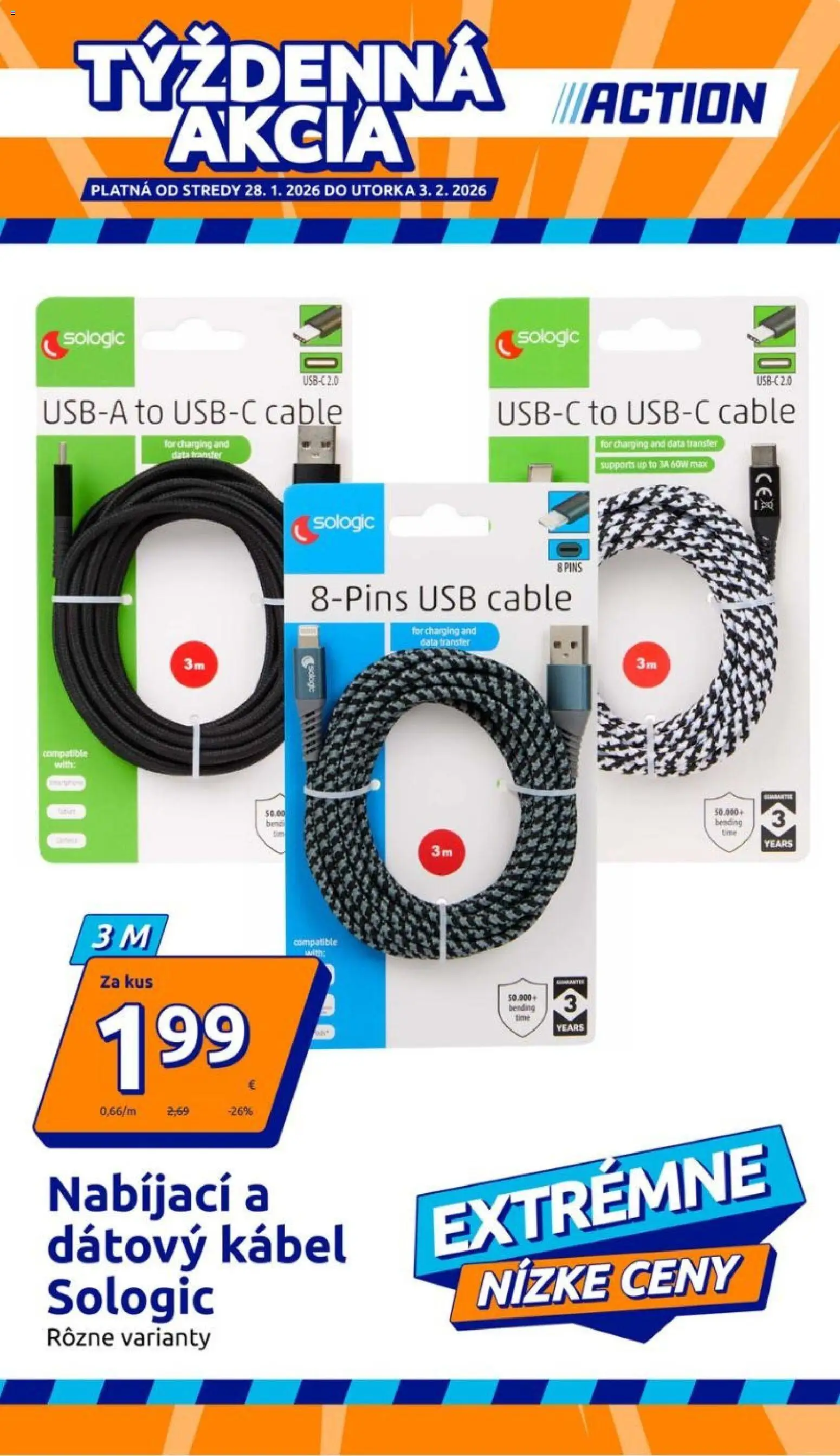 Nové Action akcie – leták je platný od 28.01.2026 | Strana: 1 | Produkty: Kábel, USB
