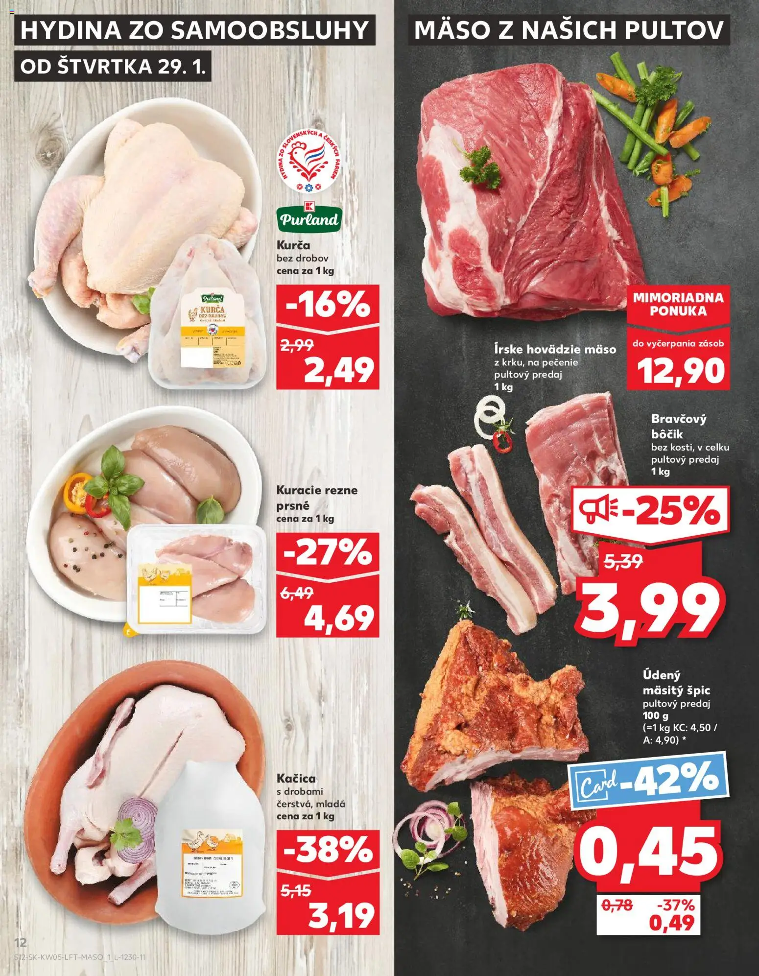Nové Kaufland akcie – leták je platný od 29.01.2026 | Strana: 12 | Produkty: Hovädzie mäso, Bravčový bôčik, Kuracie rezne, Kurča