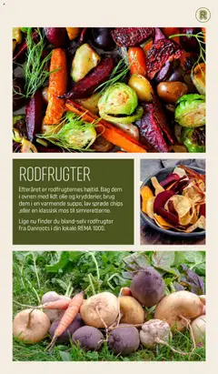 RODFRUGTER, Efteråret er rodfrugternes højtid. Bag dem i ovnen med lidt olie og krydderier, brug dem i en varmende suppe, lav sprøde chips eller en klassisk mos til simreretterne. Lige nu finder du bland-selv rodfrugter fra Danroots i din lokale REMA 1000. gyldig fra 01.10.2025 | Side: 5