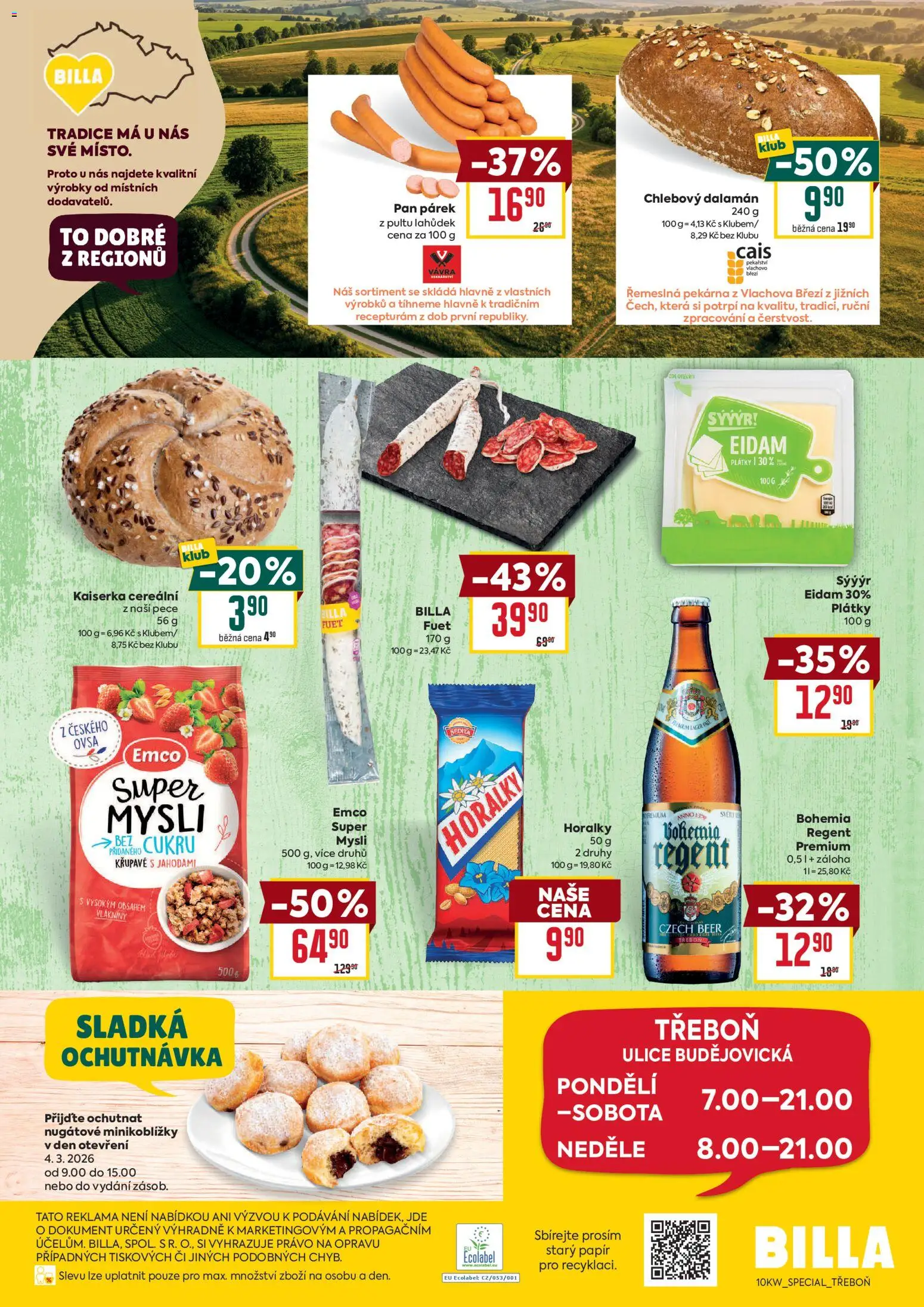 Billa leták - Třeboň od 04.03.2026 | Strana: 4 | Produkty: Horalky, Pekárna, Mysli, Fuet
