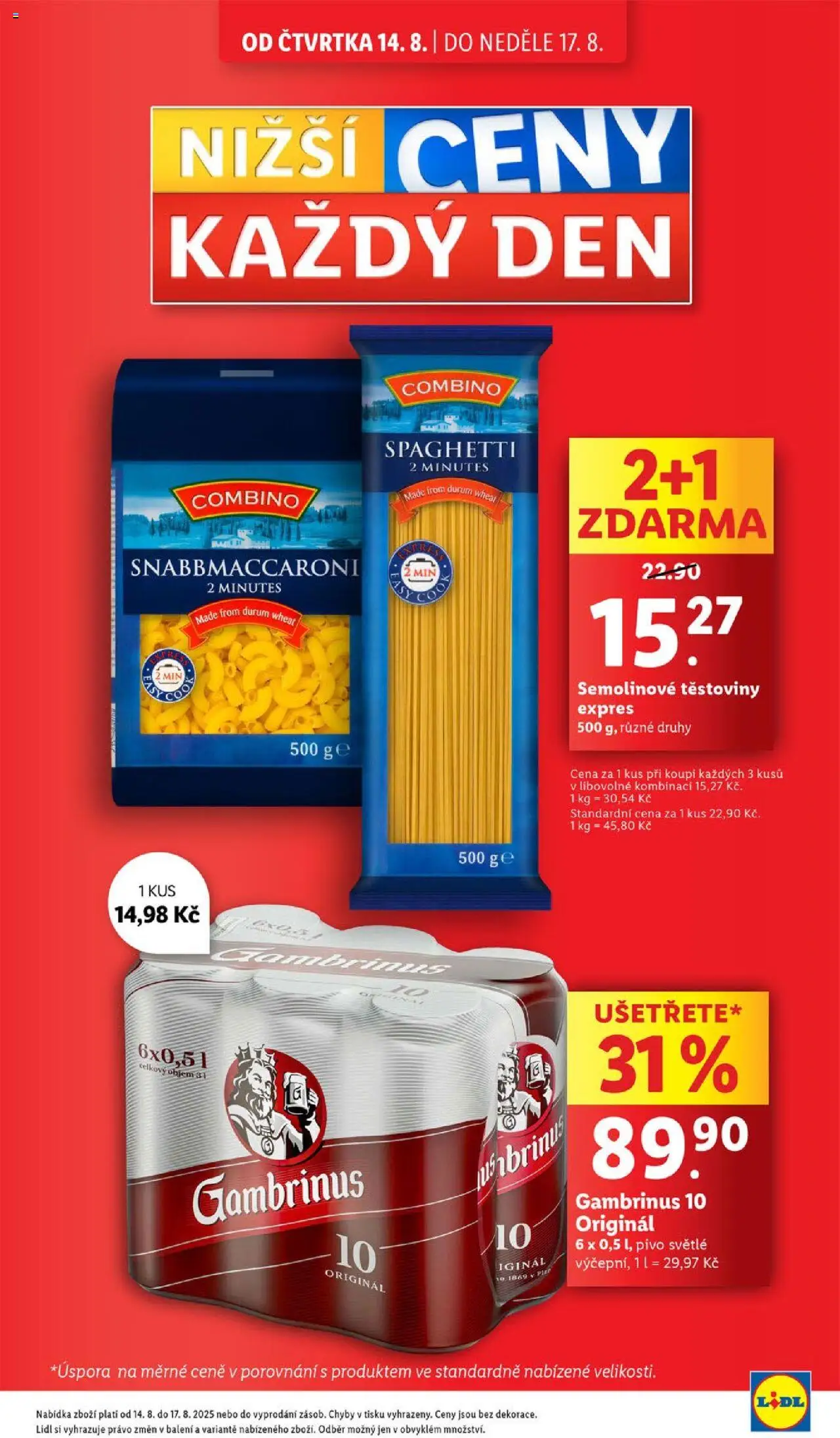 Lidl leták od 14.08.2025 | Strana: 5 | Produkty: Pivo, Těstoviny, Combino, Gambrinus