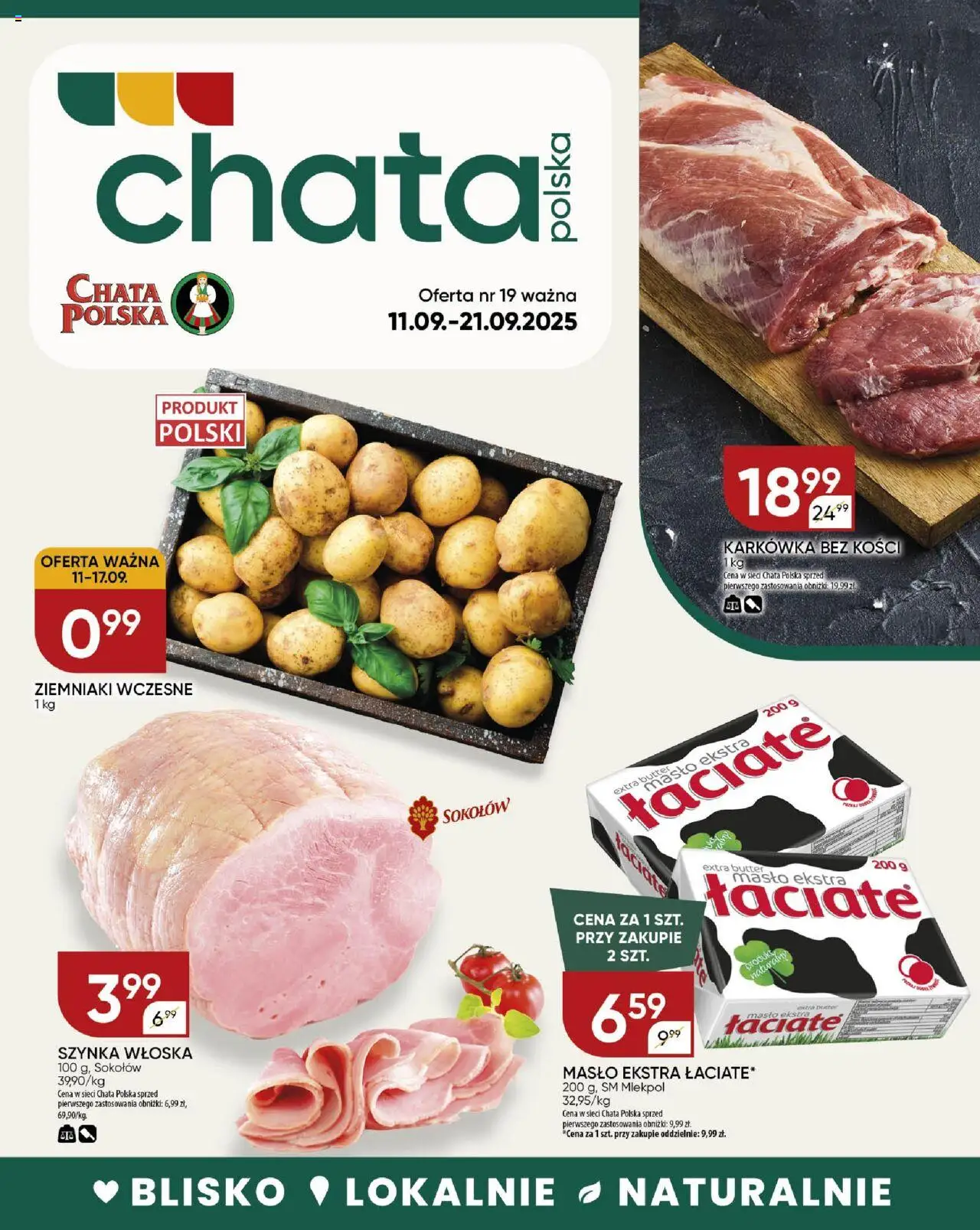Chata Polska Gazetka od 11.09.2025 | Strona: 1 | Produkty: Karkówka, Szynka, Masło, Ziemniaki
