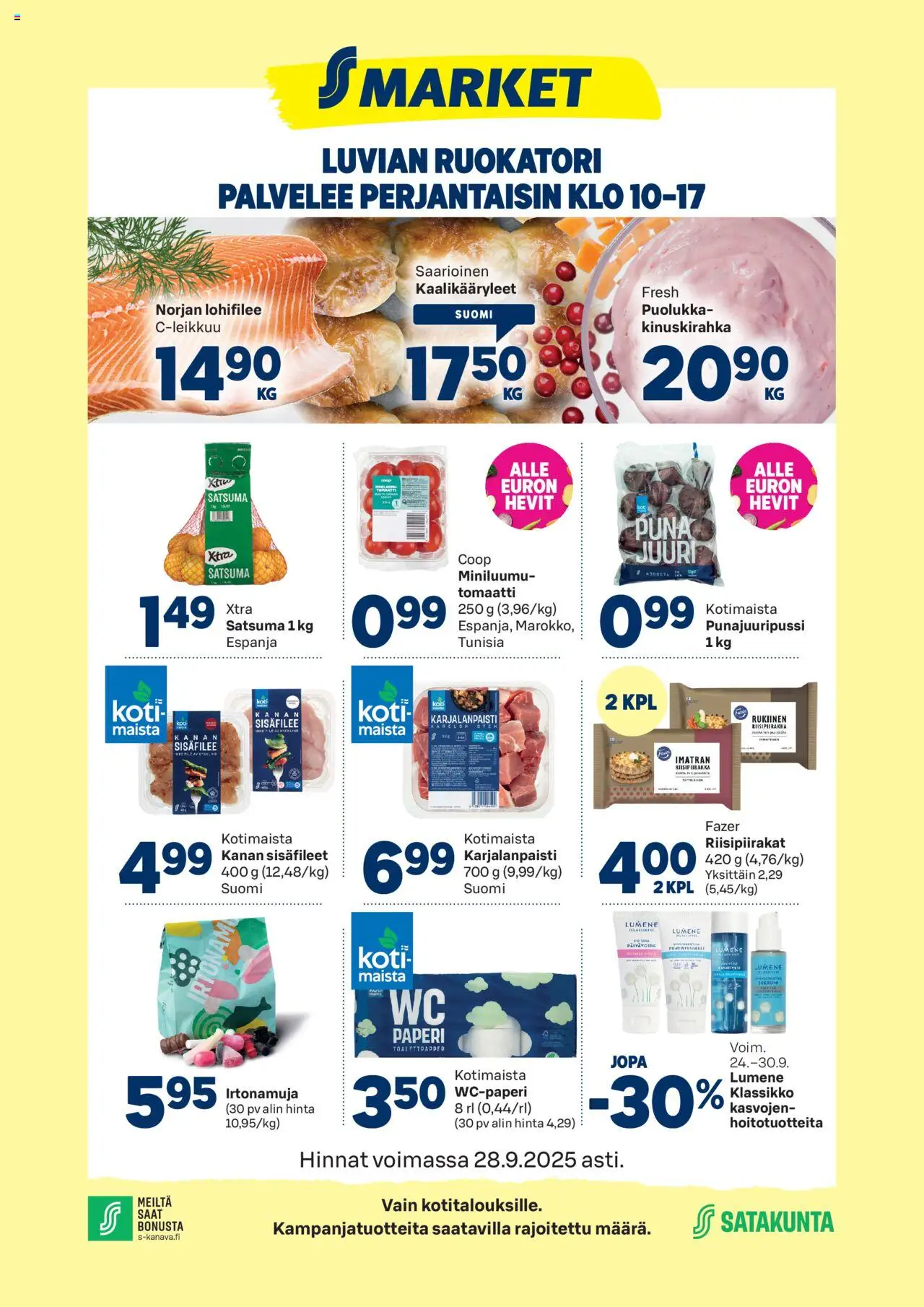 S-market Luvia – voimassa 24.09.2025 alkaen | Sivu: 1 | Tuotteet: Kaalikääryleet, Wc-paperi, Satsuma, Paperi