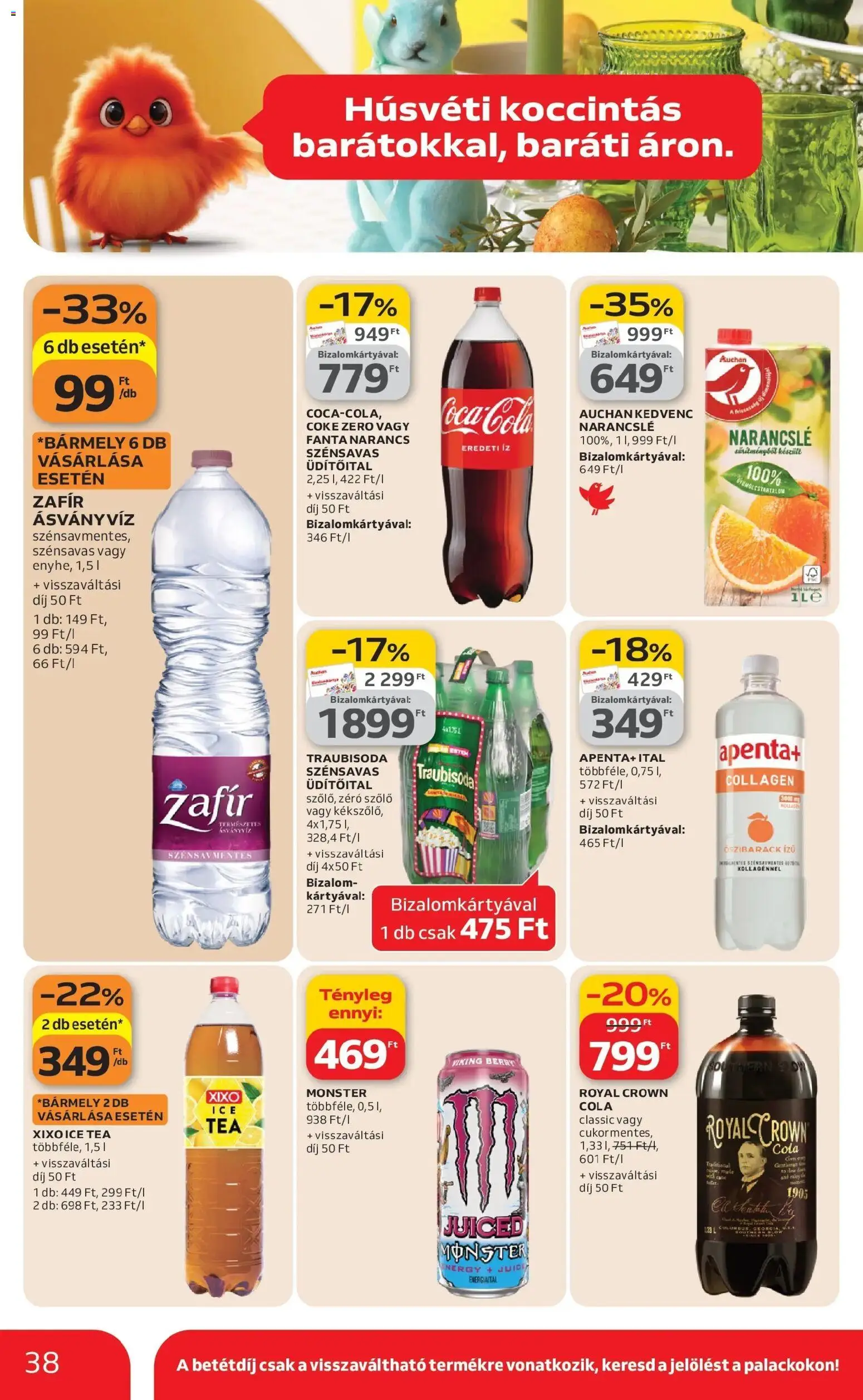 Auchan akciós ujság - amely érvényes a következő dátumtól: 12.03.2026 | Oldal: 38 | Termékek: Őszibarack, Energiaital, Cola, Narancslé
