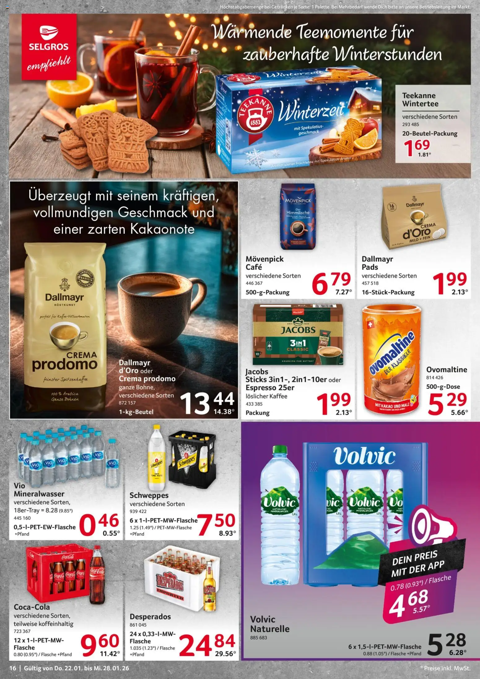 Selgros Prospekt 	 – gültig ab 22.01.2026 | Seite: 16 | Produkte: Kaffee, Schweppes, Mineralwasser, Dallmayr