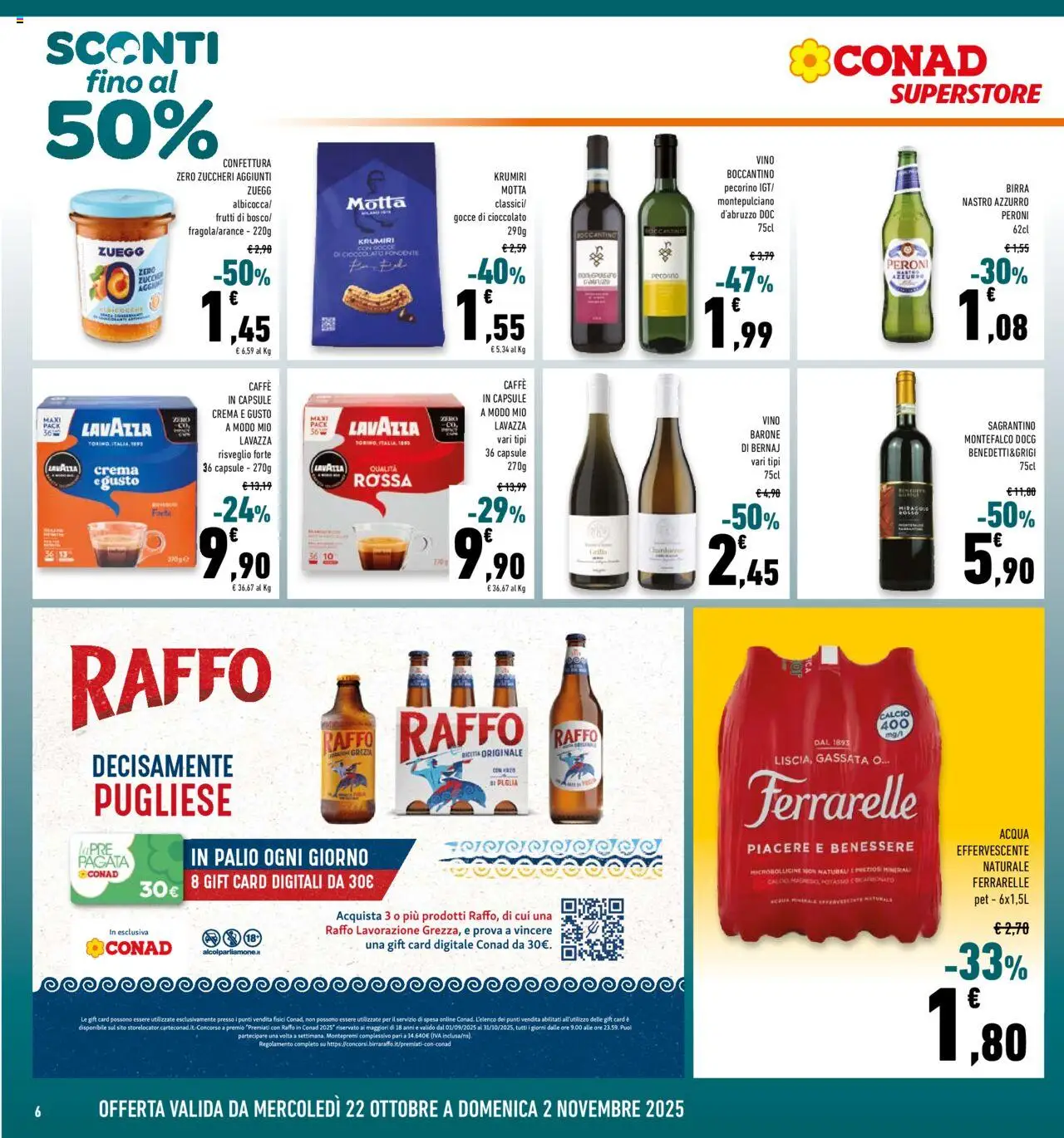 Volantino Conad del 22.10.2025 | Pagina: 6 | Prodotti: Caffè, Cioccolato, Bicarbonato, Ferrarelle