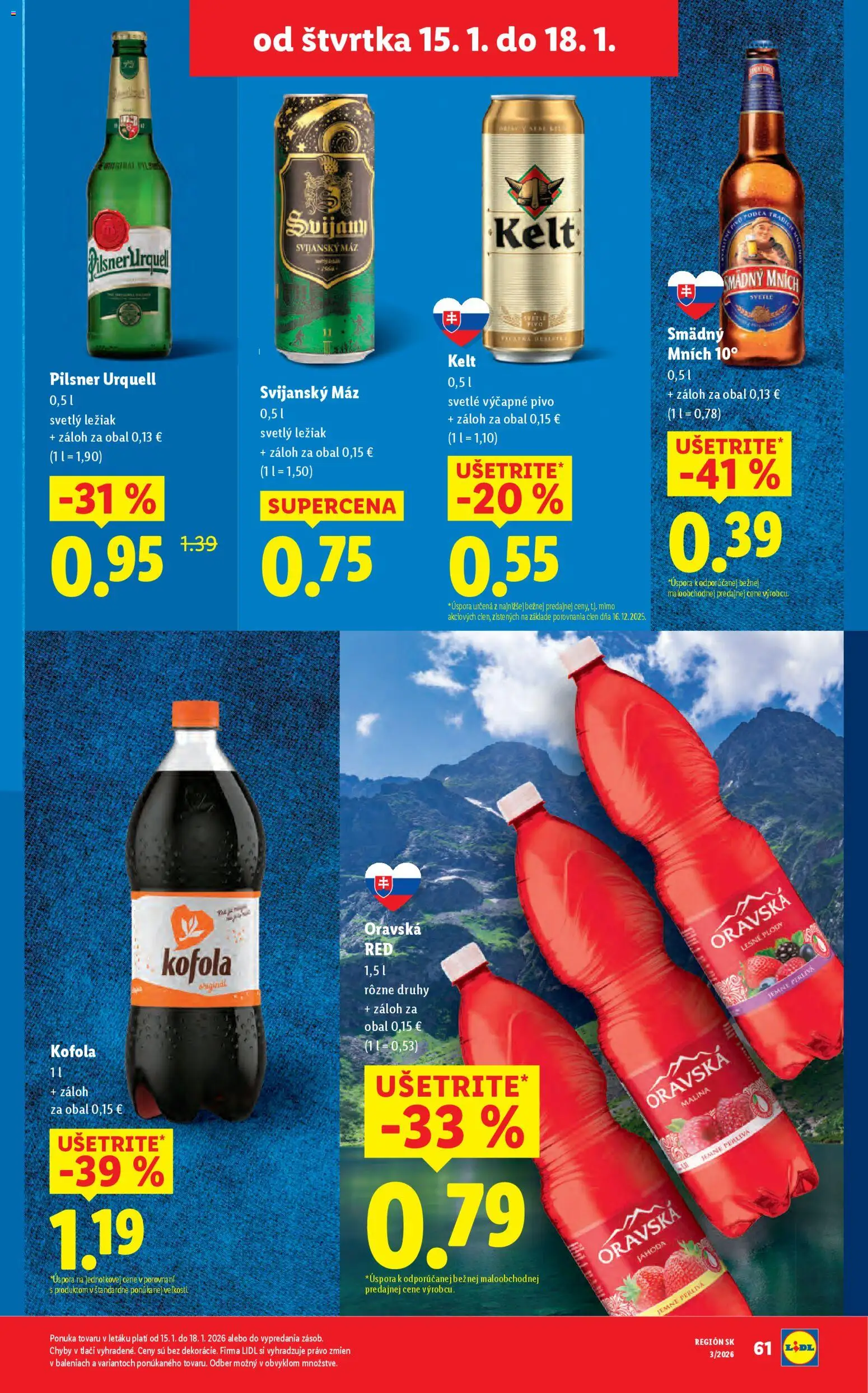 Nové Lidl akcie – leták je platný od 15.01.2026 | Strana: 13 | Produkty: Pilsner Urquell, Kofola, Svijany, Smädný Mních