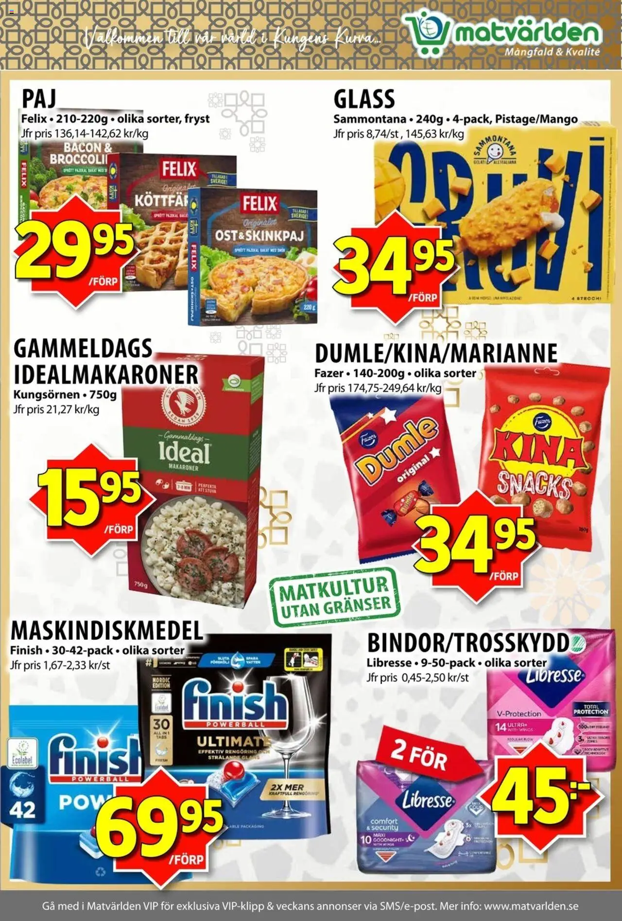 Matvärlden reklamblad aktuell från 18.08.2025 | Sida: 8 | Produkter: Bacon, Makaroner, Ost, Glass