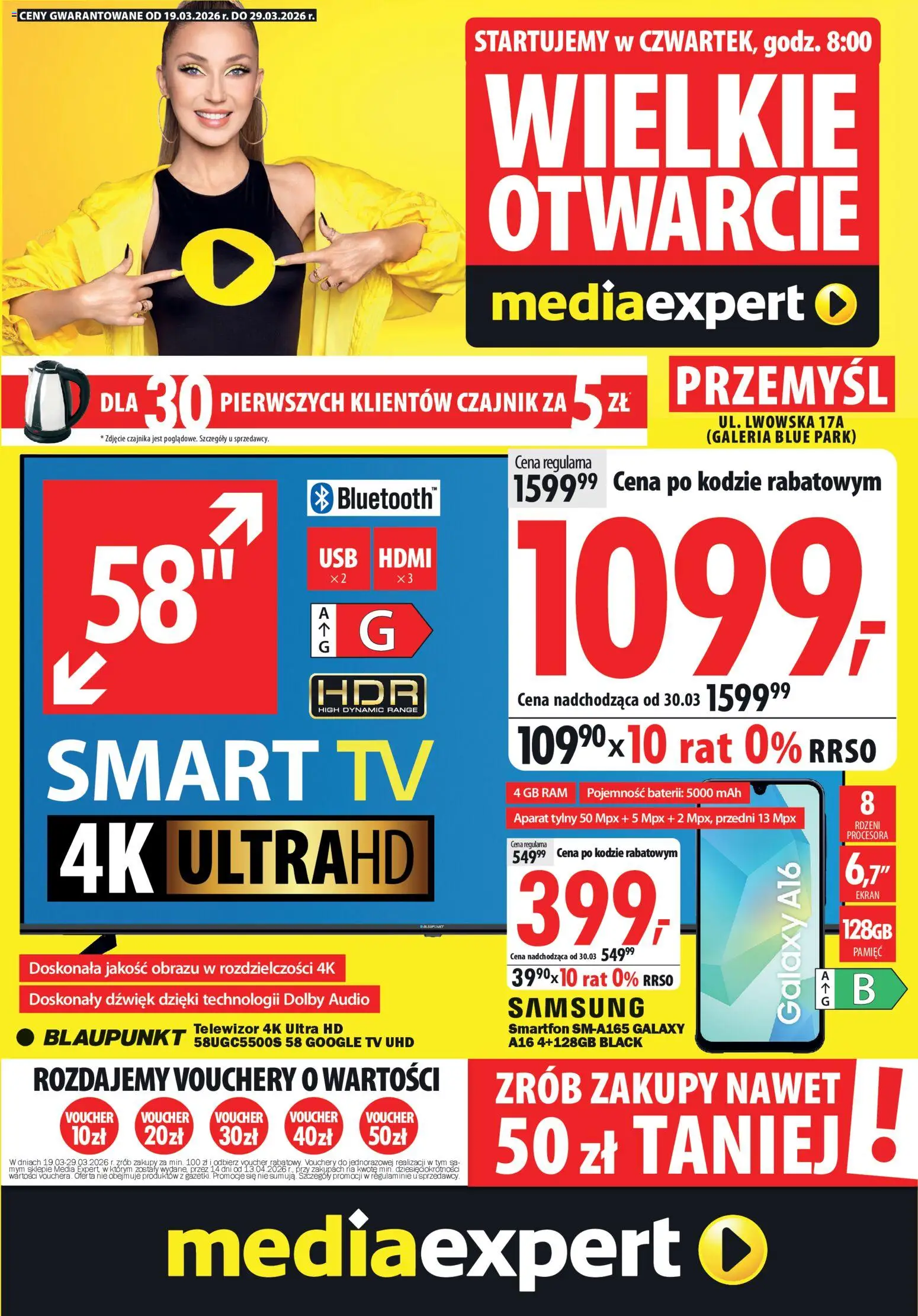 Mediaexpert promocje - Wielkie otwarcie Przemyśl od 19.03.2026 | Strona: 1 | Produkty: Smartfon, Telewizor, Audio, Czajnik