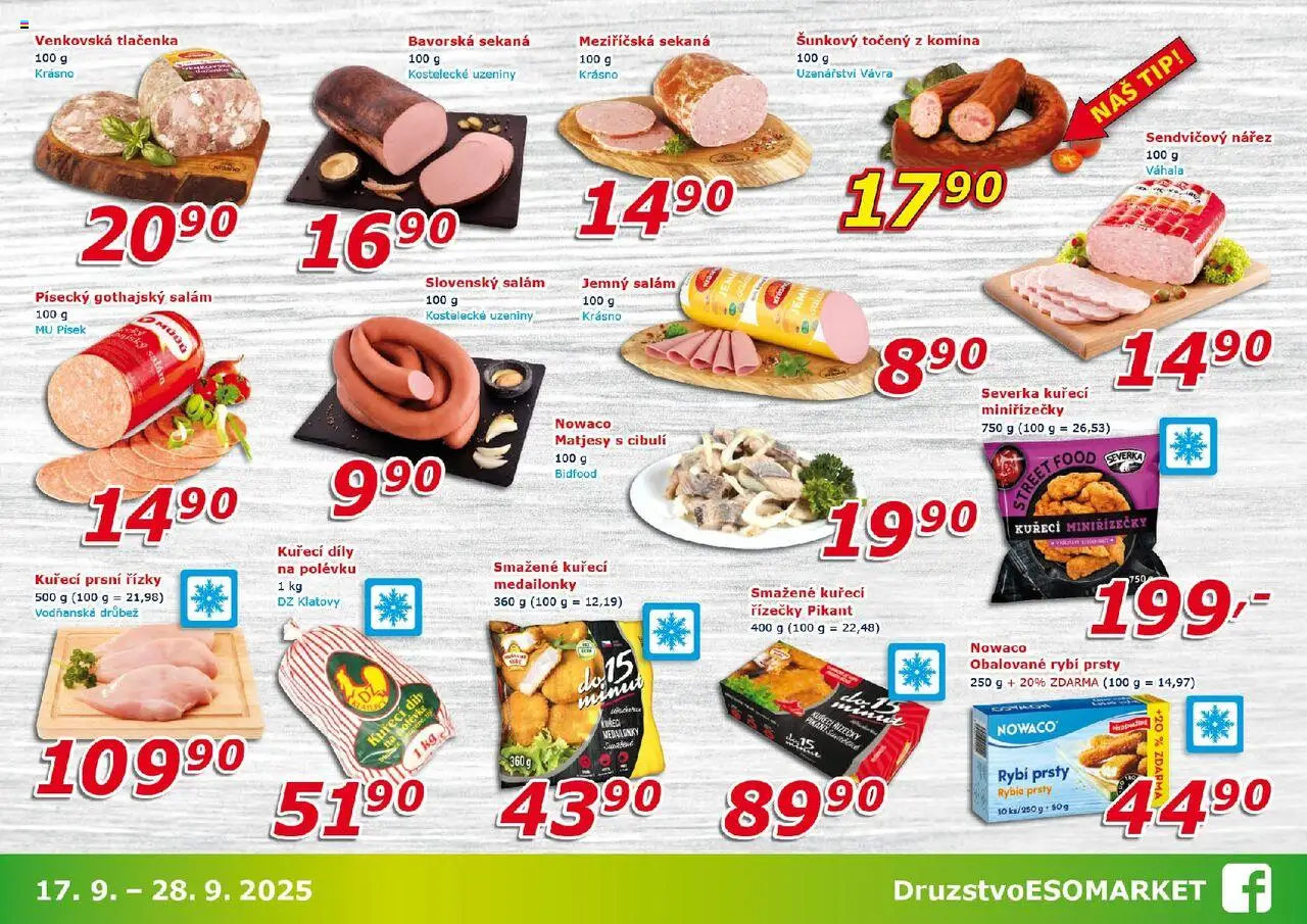 Eso market leták od 17.09.2025 | Strana: 3 | Produkty: Matjesy s cibulí, Uzeniny, Gothajský salám, Rybí prsty