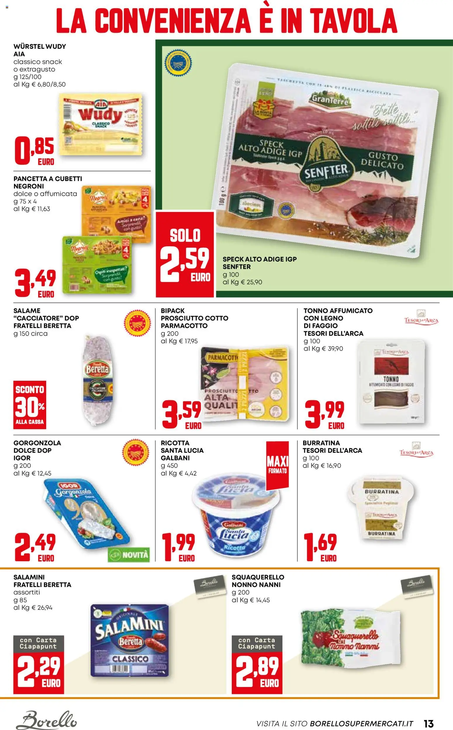 Volantino Borello Supermercati del 18.12.2025 | Pagina: 13 | Prodotti: Prosciutto Cotto, Pancetta, Prosciutto, Wurstel
