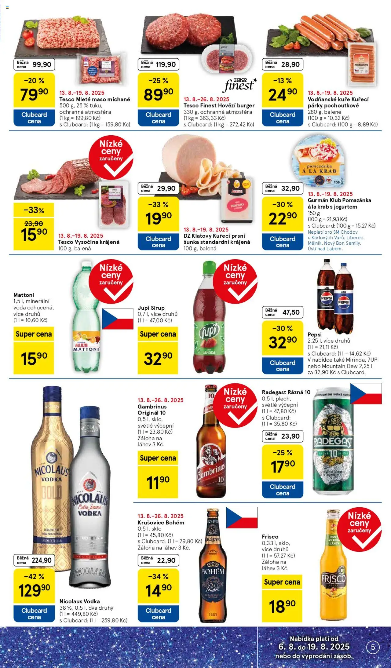 Tesco leták - Supermarket od 13.08.2025 | Strana: 5 | Produkty: Finest, Frisco, Hovězí burger, Radegast Rázna 10