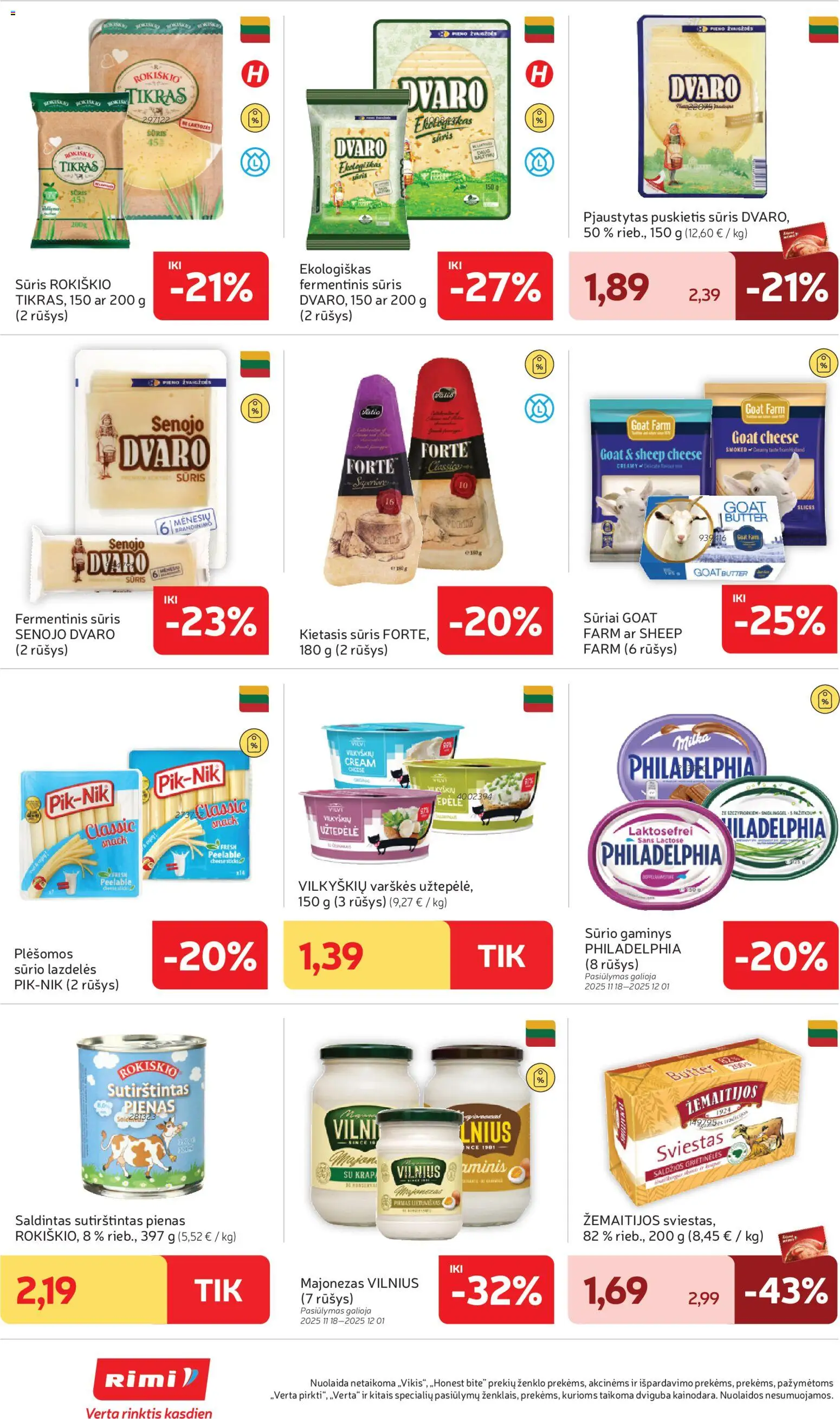 Rimi akcijos nuo 18.11.2025 | Puslapis: 20 | Prekių: Fermentinis sūris, Sūris, Sviestas, Sutirštintas pienas