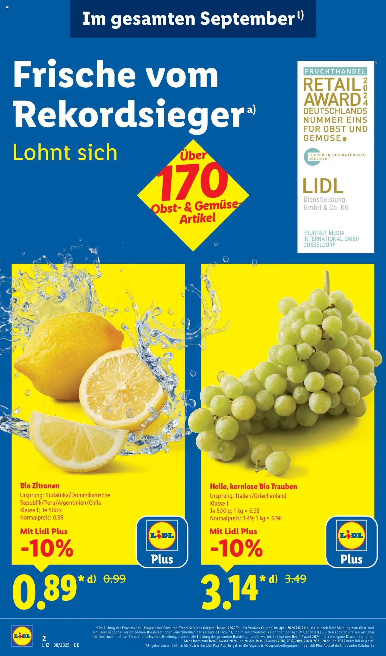 Lidl Prospekt Aarbergen – gültig ab 15.09.2025 | Seite: 2 | Produkte: Trauben, Gemüse, Obst, Zitronen