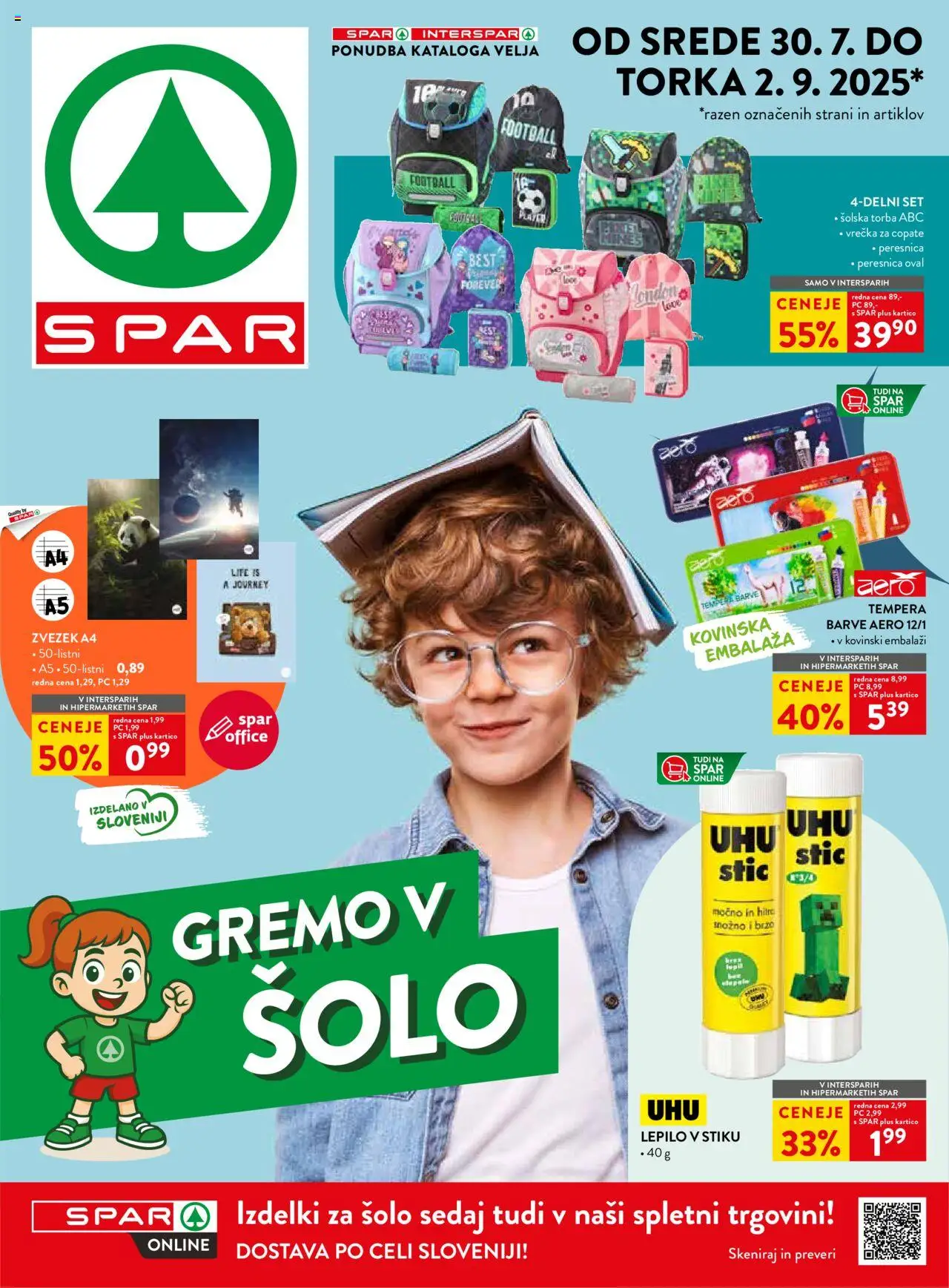Spar katalog gremo v šolo │ velja od 30.07.2025 | Stran: 1 | Izdelki: Torba, Zvezek, Peresnica, Lepilo