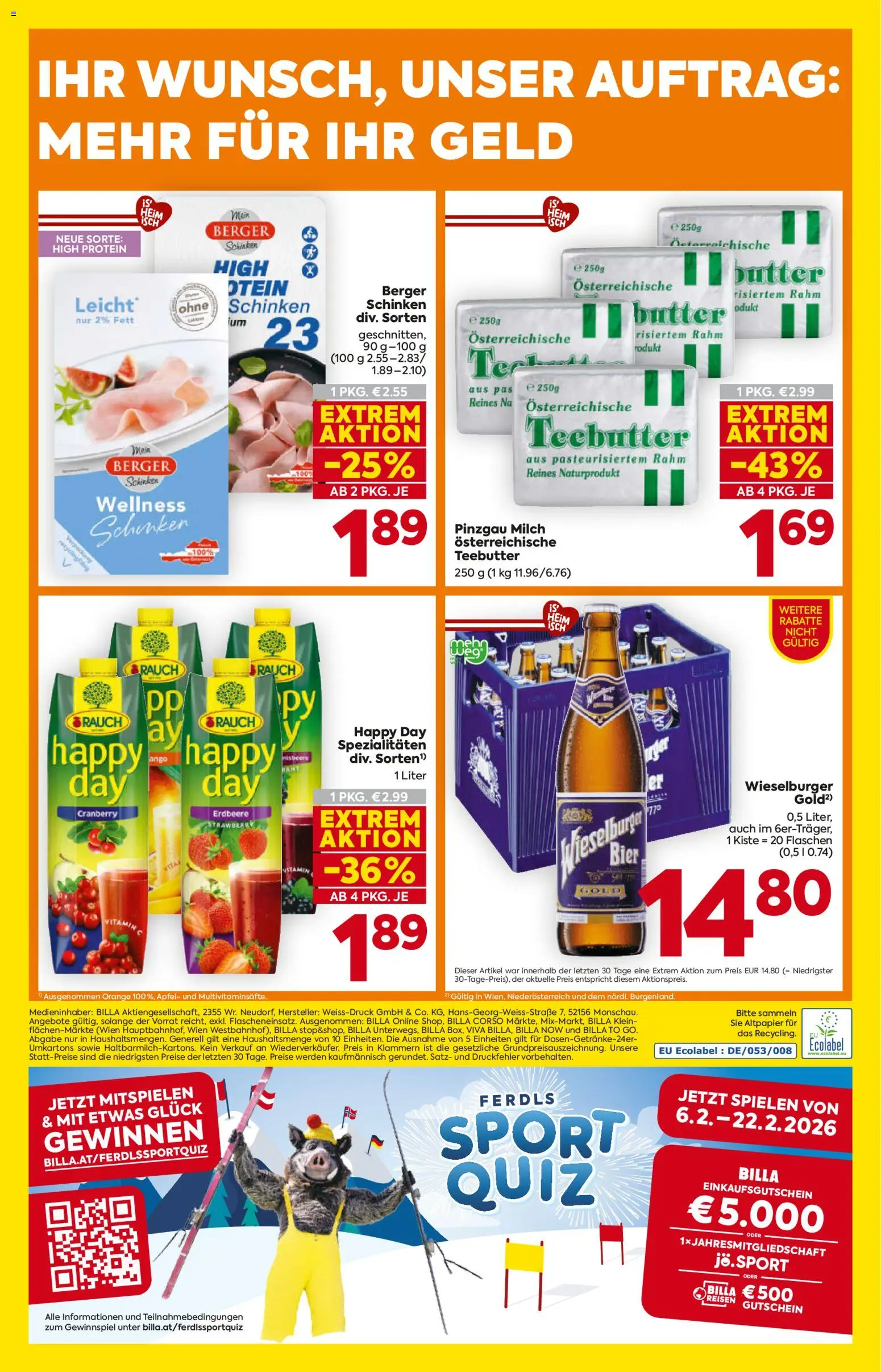 Billa Flugblatt - Niederösterreich gültig ab 19.02.2026 | Seite: 16 | Produkte: Milch, Butter, Schinken, Bier