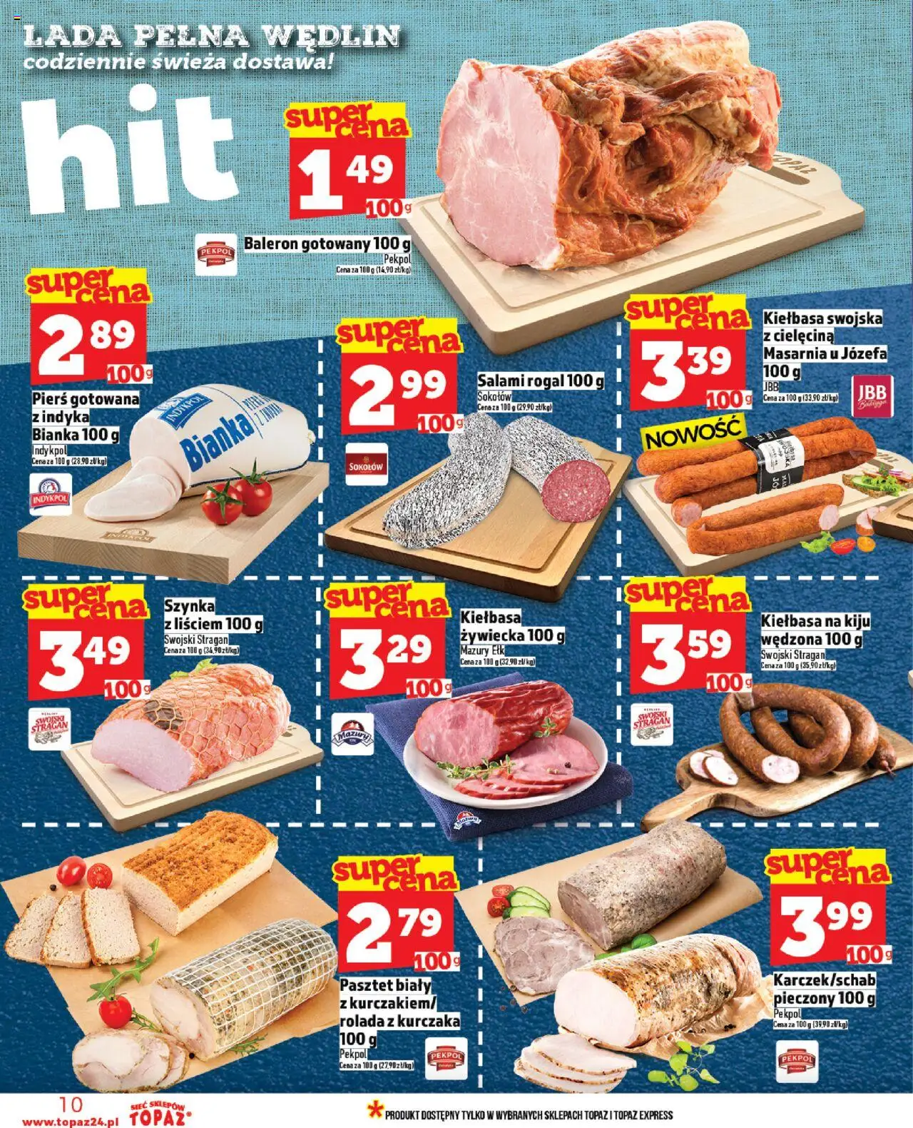 Topaz Gazetka MAZ od 23.10.2025 | Strona: 10 | Produkty: Kiełbasa, Rolada, Szynka, Salami