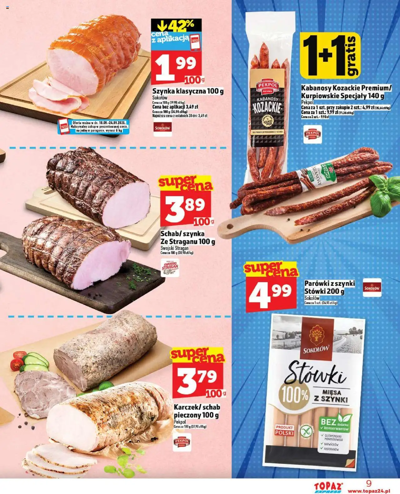 Topaz Gazetka - Express od 18.09.2025 | Strona: 9 | Produkty: Schab, Parówki z szynki, Szynka, Schab pieczony