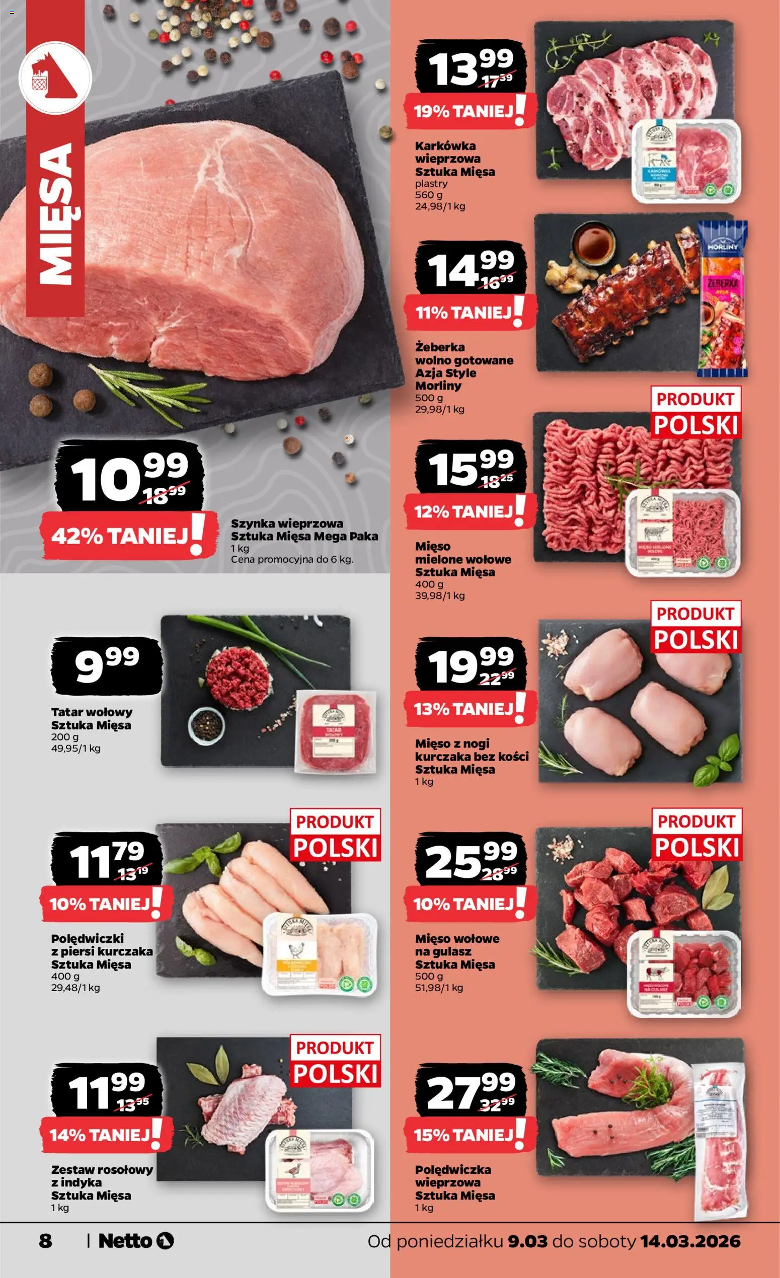 Netto gazetka od poniedziałku spożywcza od 09.03.2026 | Strona: 8 | Produkty: Karkówka, Piersi, Wolno gotowane, Gulasz