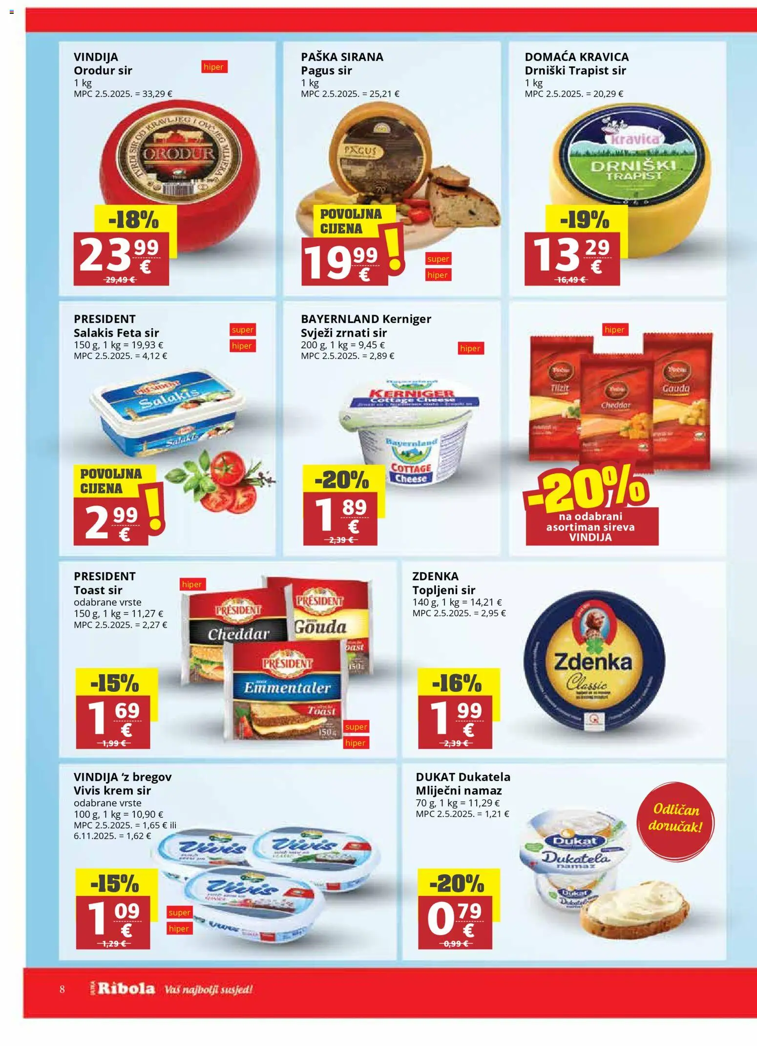 Ribola katalog | vrijedi od 11.03.2026 | Stranica: 8 | Proizvodi: Vindija, Feta, Mliječni namaz, Sir