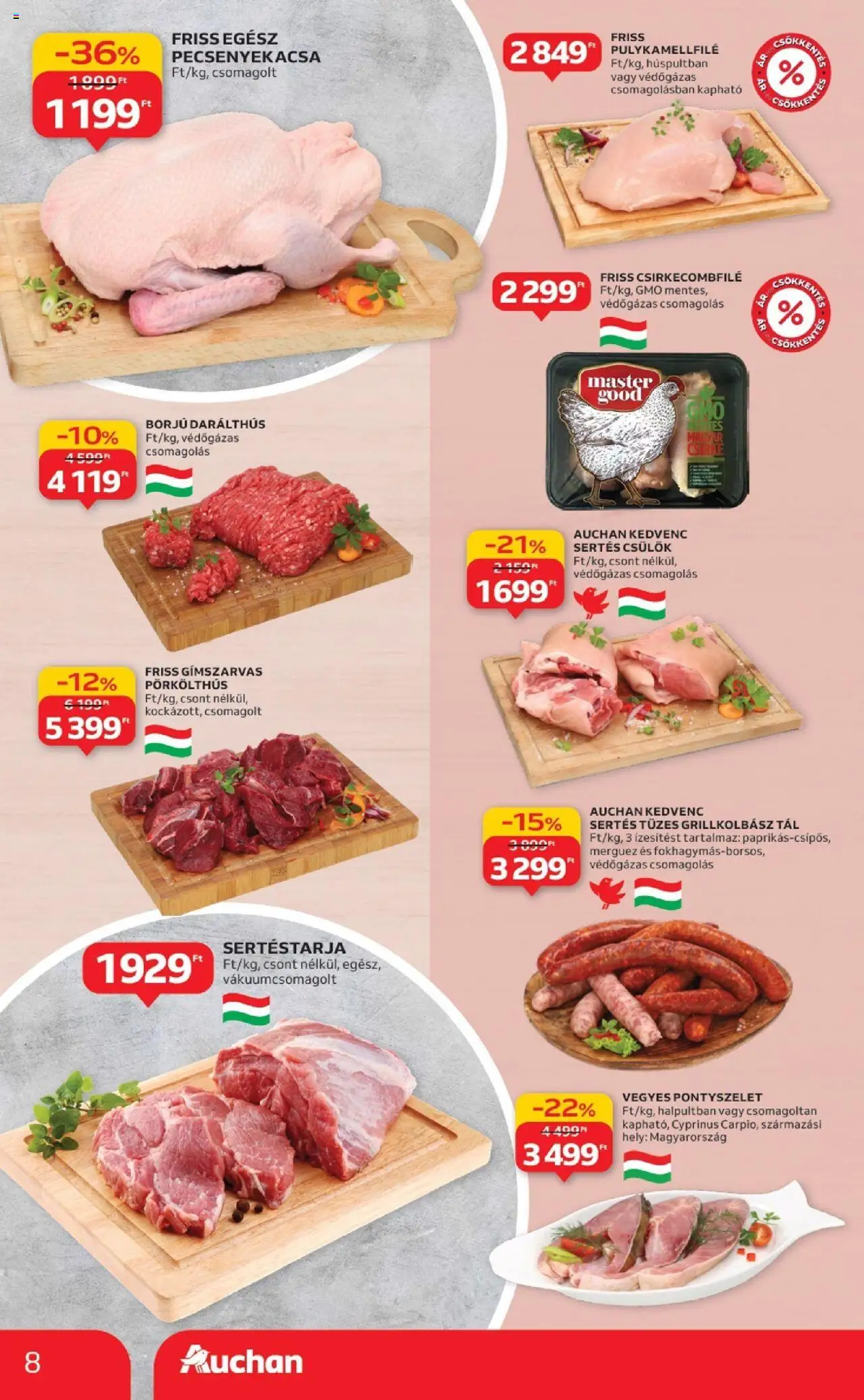 Auchan akciós ujság - amely érvényes a következő dátumtól: 18.09.2025 | Oldal: 8 | Termékek: Sertéstarja, Csirkecombfile, Pulykamellfilé, Pecsenyekacsa