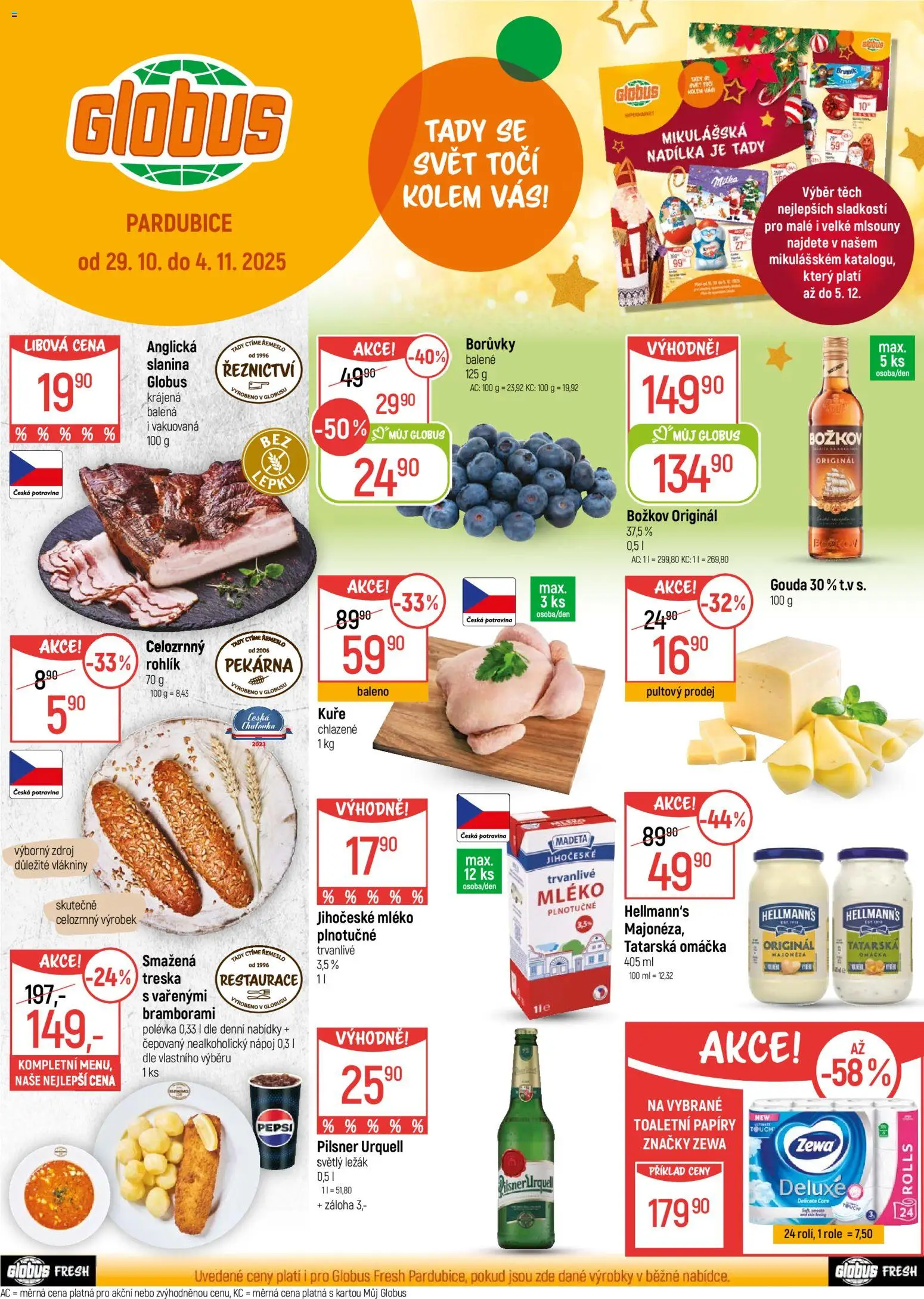 Globus leták - Pardubice od 29.10.2025 | Strana: 1 | Produkty: Borůvky, Sladkosti, Pilsner Urquell, Božkov