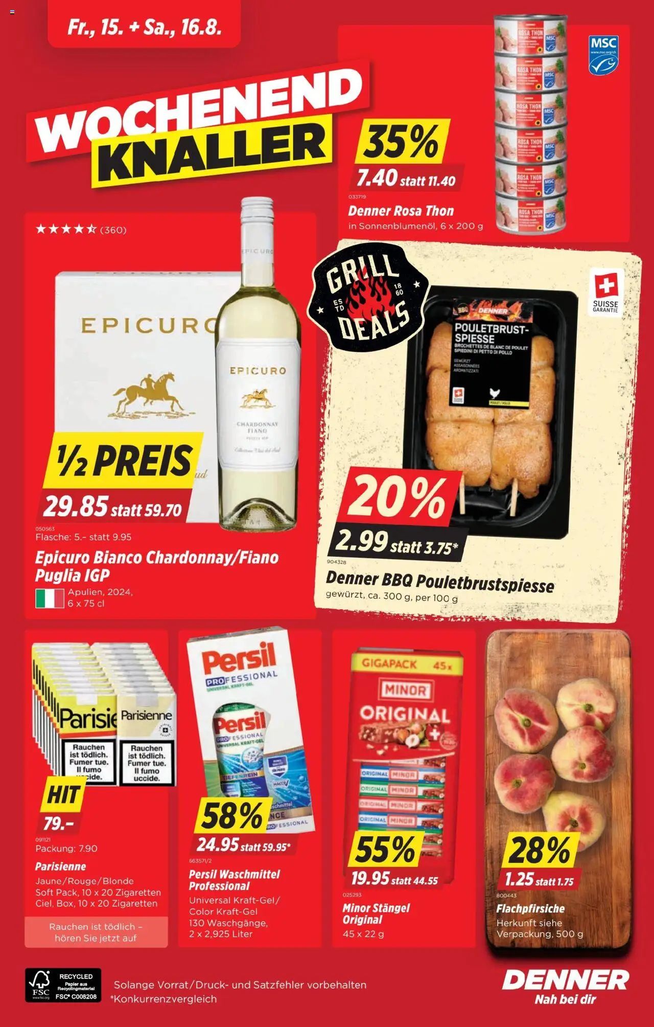 Denner Aktionen ab 12.08.2025 | Seite: 24 | Produkte: Pouletbrust, Spieße, Waschmittel, Grill