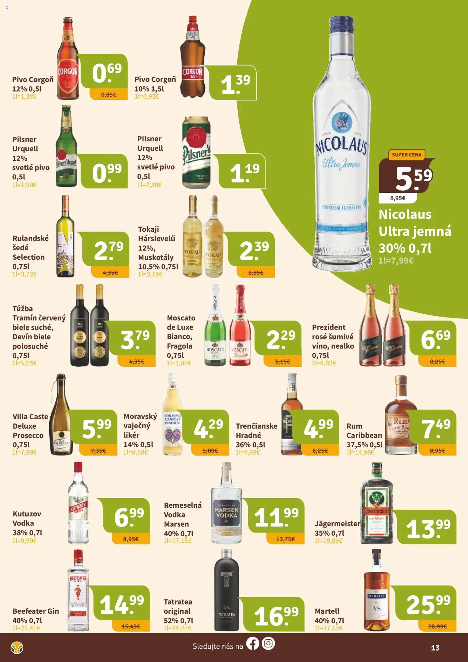 Nové Nitrazdroj akcie – leták je platný od 20.03.2026 | Strana: 13 | Produkty: Pivo, Prosecco, Gin, Vodka