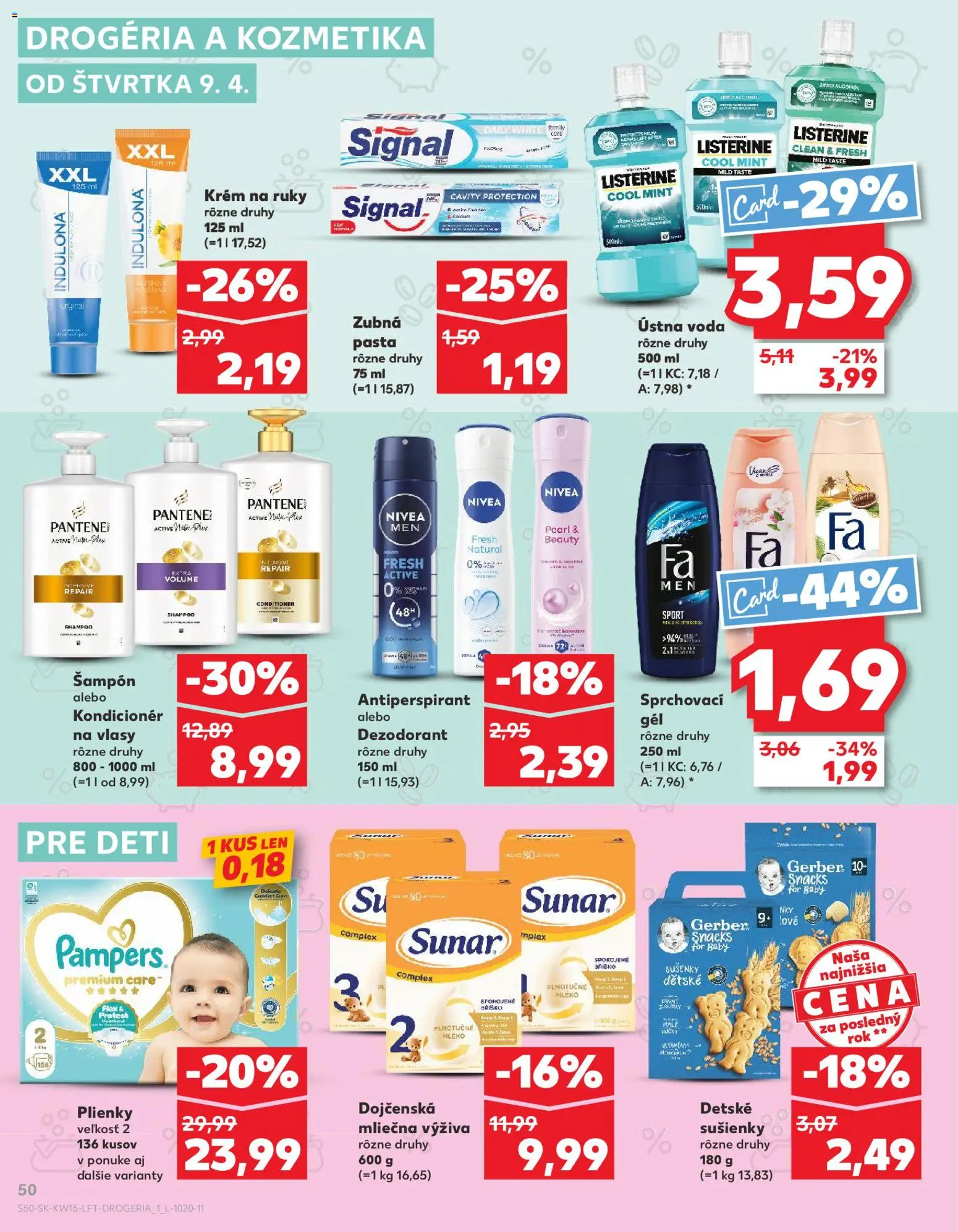 Nové Kaufland akcie – leták je platný od 09.04.2026 | Strana: 50 | Produkty: Listerine, Antiperspirant, Zubná pasta, Krém