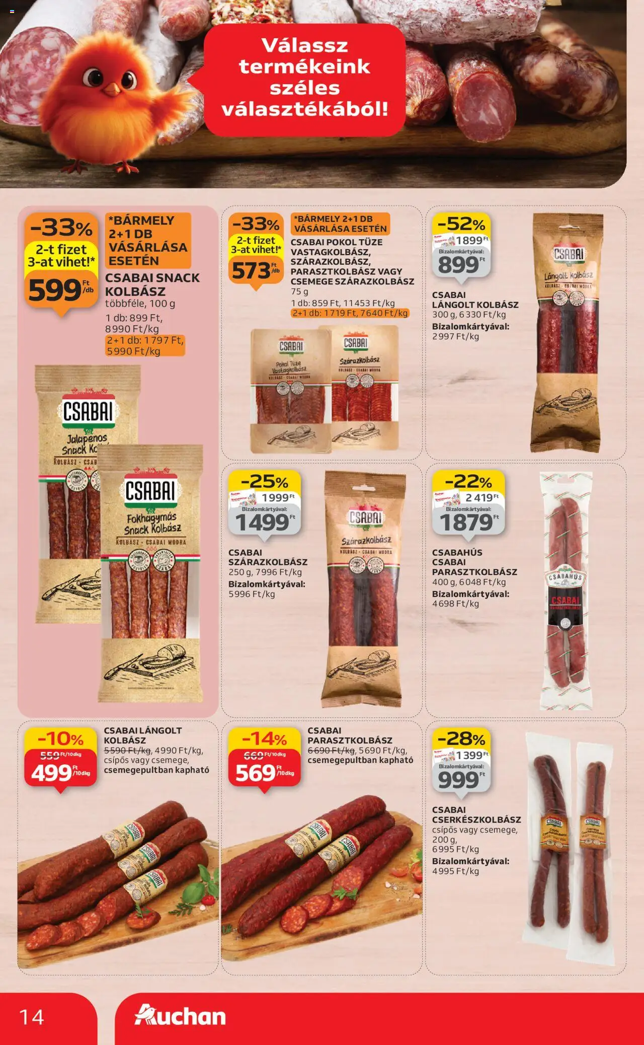 Auchan akciós ujság - amely érvényes a következő dátumtól: 24.10.2025 | Oldal: 14 | Termékek: Jalapenos, Kolbász, Csabai kolbász, Vastagkolbász
