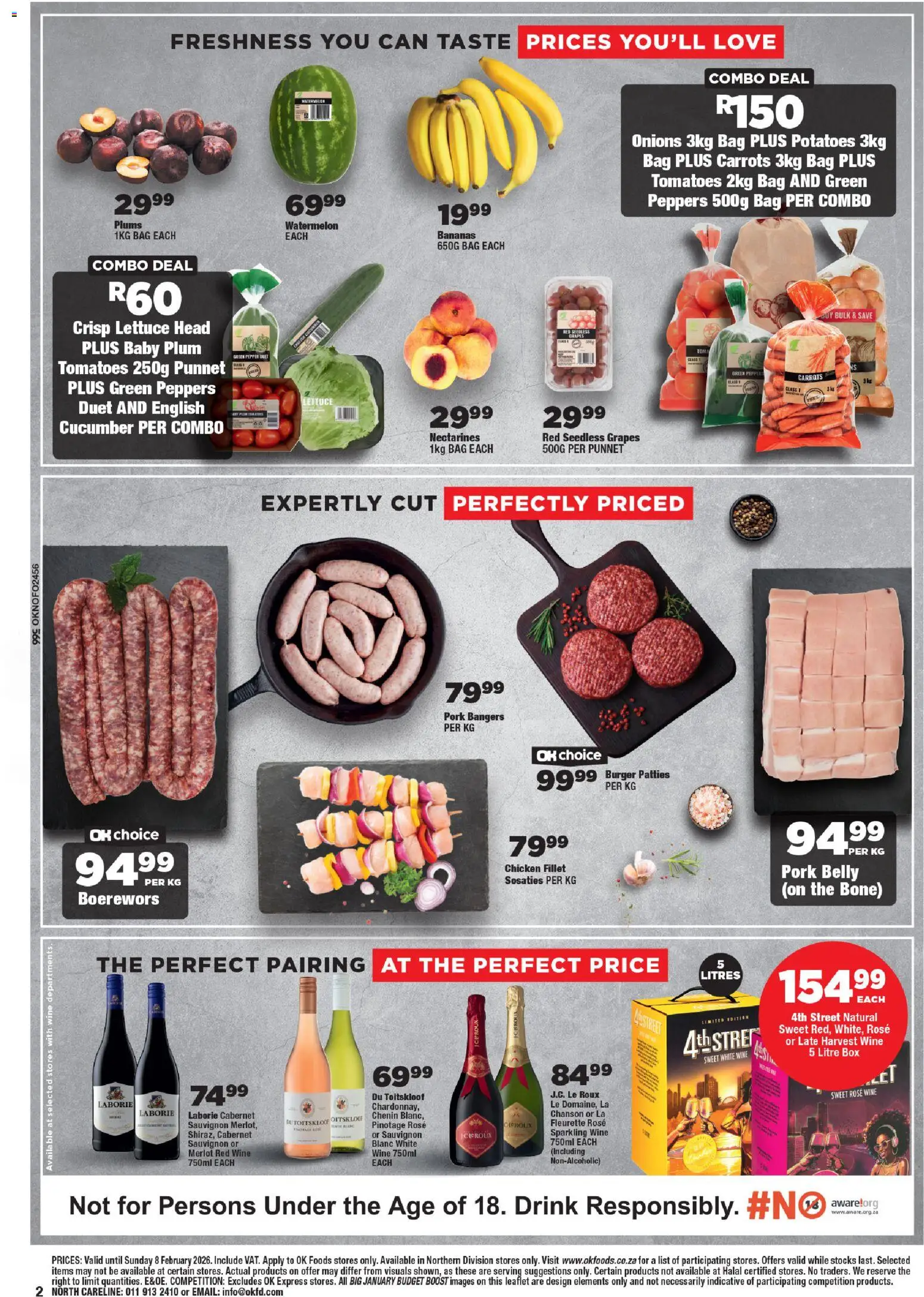 New OK Foods catalogue – valid from 21.01.2026 | Page: 2 | Products: Boerewors, Chicken, Tomatoes, Lettuce