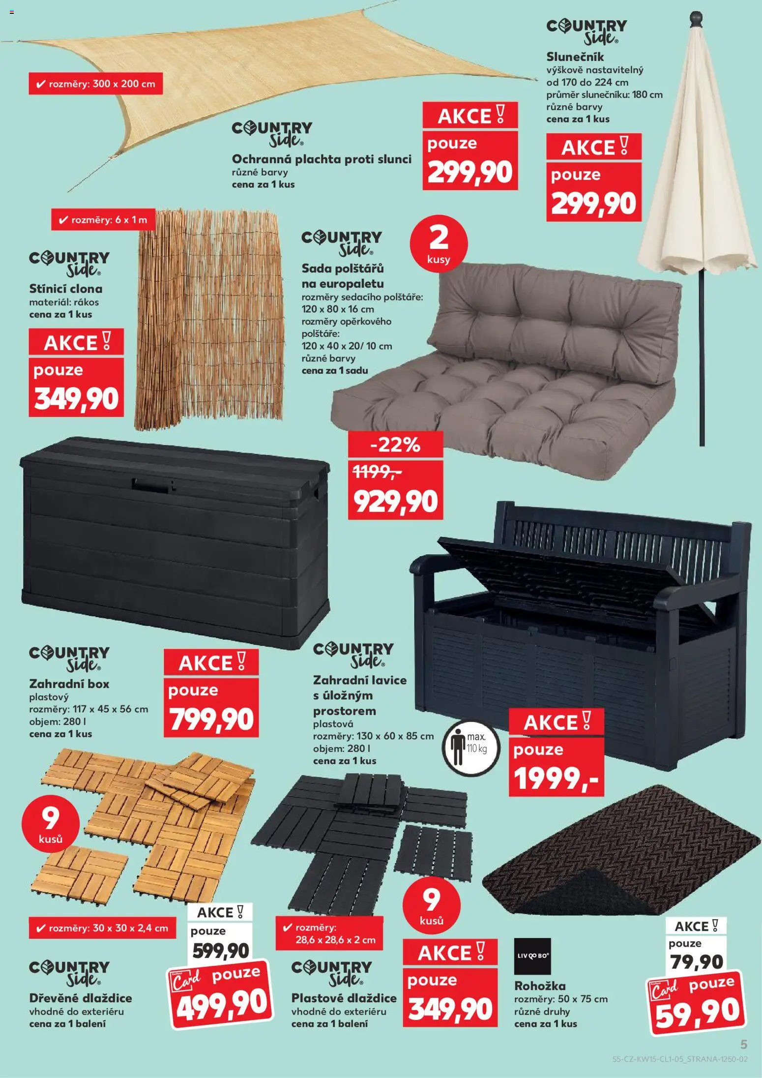 Kaufland leták - Brno od 08.04.2026 | Strana: 5 | Produkty: Polštáře, Box, Zahradní lavice, Dřevěné dlaždice