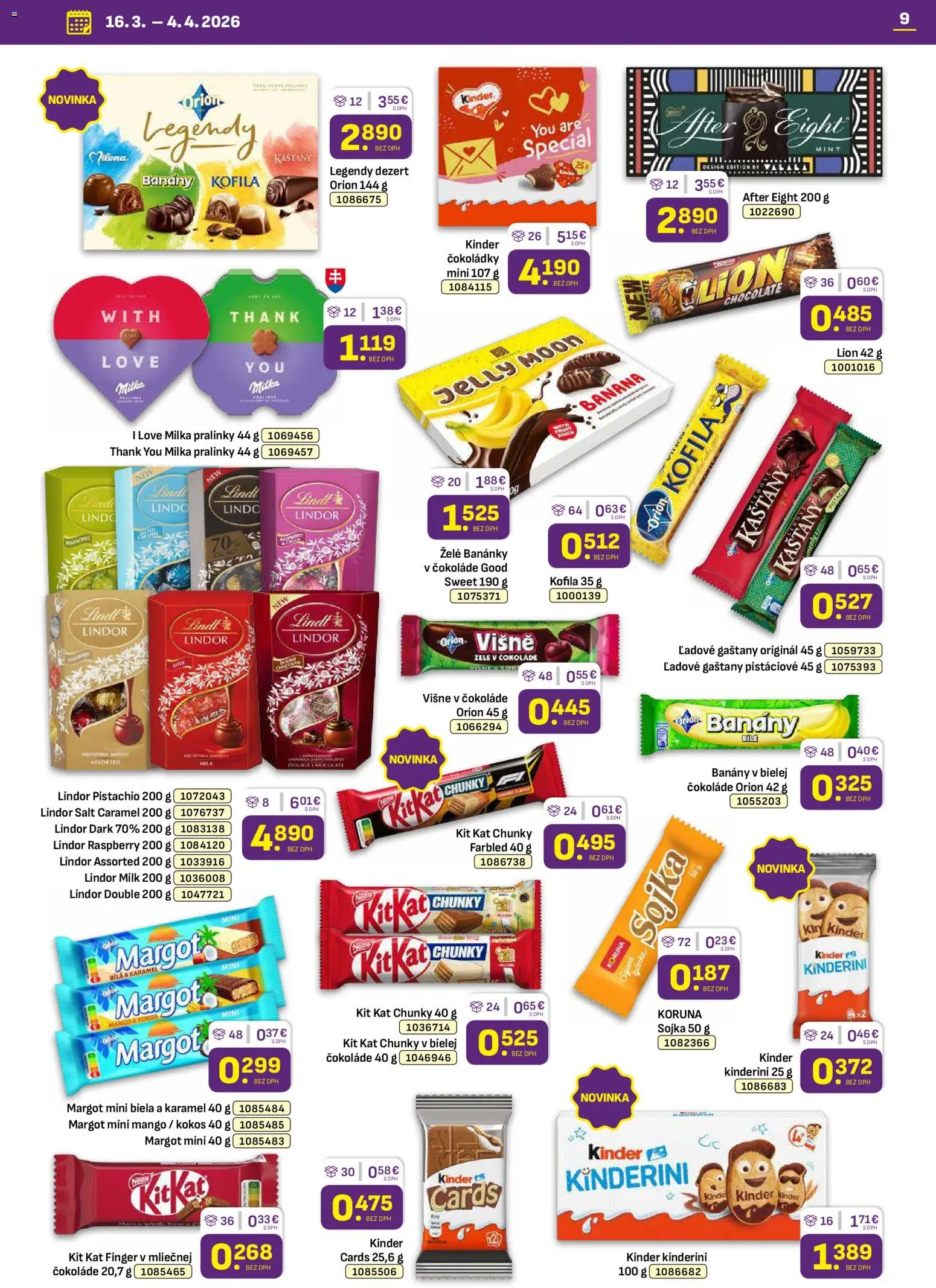 Nové Libex akcie – leták je platný od 16.03.2026 | Strana: 9 | Produkty: Lindt, Kinder, Milka, Mango