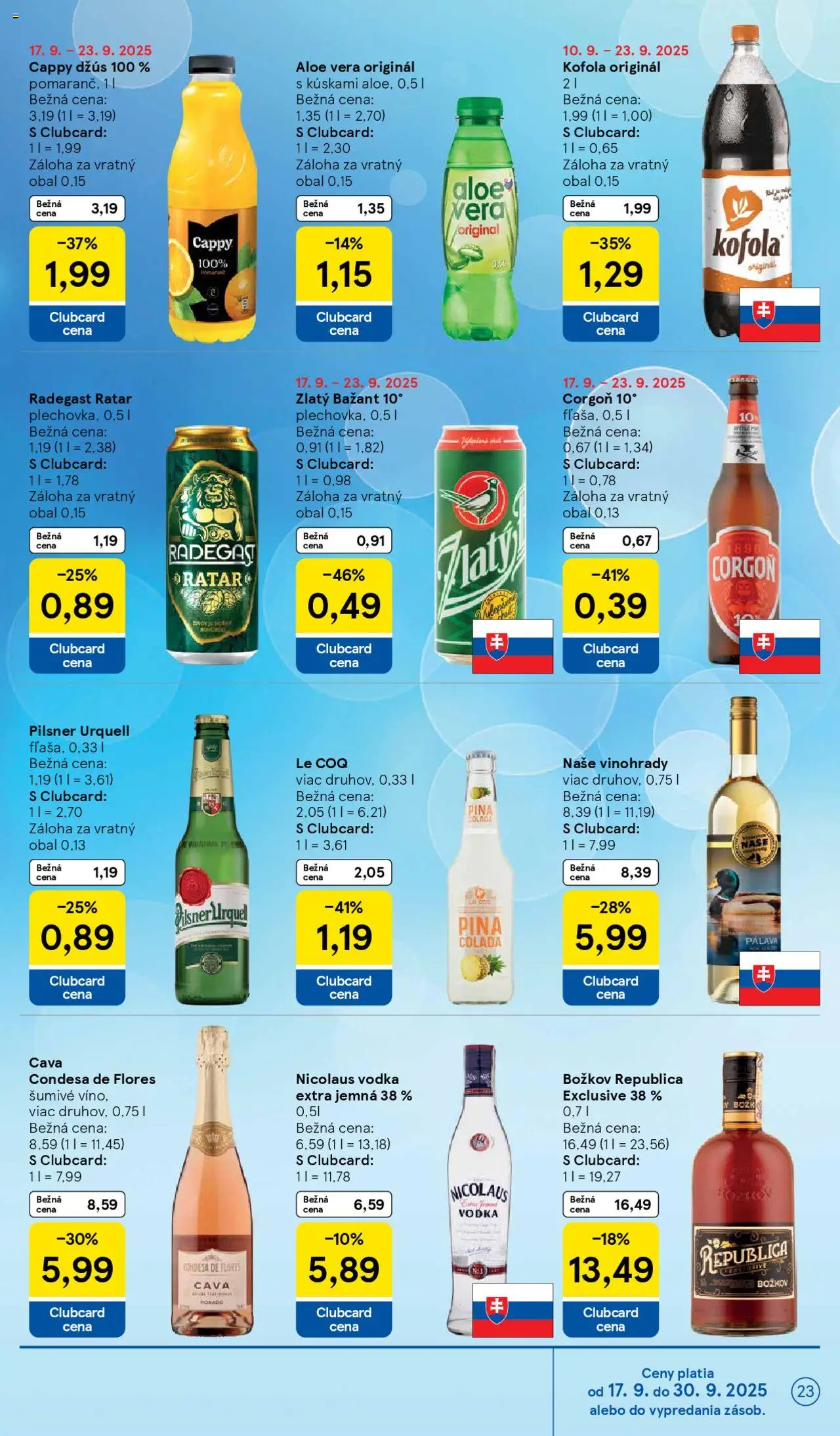 Nové Tesco akcie – leták je platný od 17.09.2025 | Strana: 23 | Produkty: Džús, Republica, Zlatý Bažant, Nicolaus vodka